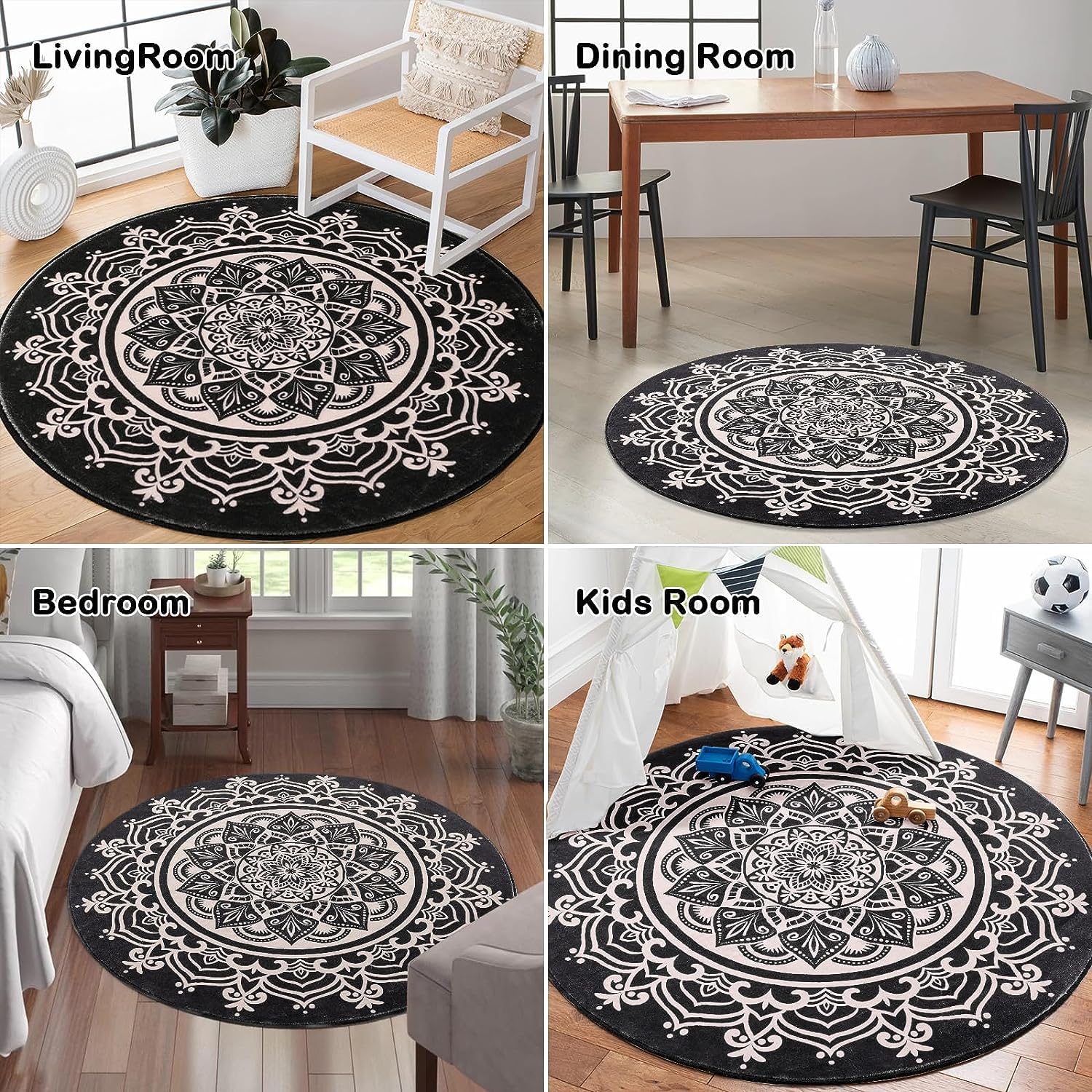 Carvapet Teppich Rund 120cm Weich und Flauschig Teppich Gegend Kreis rutschfest Waschbar Böhmisches Mandala Bodenteppich Wohnzimmer Schlafzimmer(Schwarz)