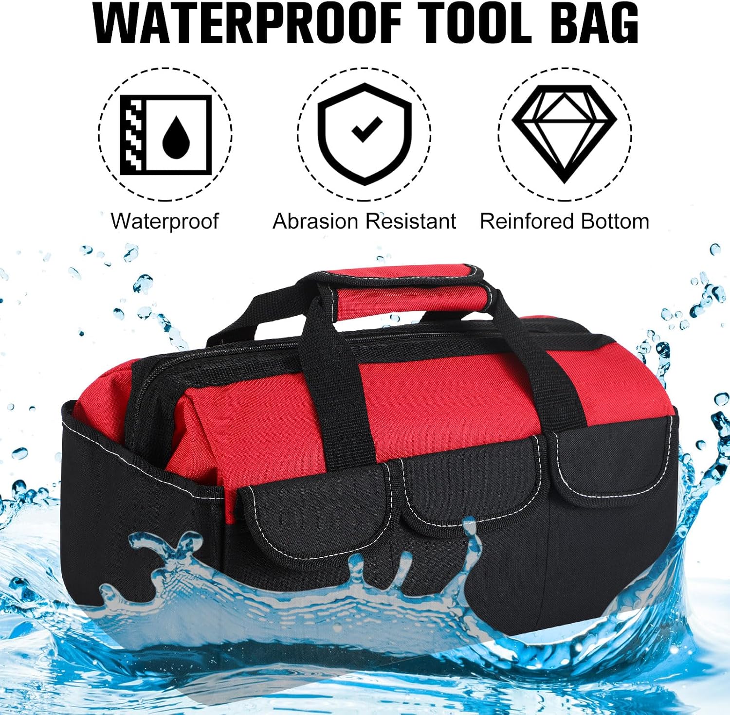 Sanwuta 3 Pack Tool Bag for Men with Waterproof Hard Bottom, Heavy Duty Tool Bag Wide Mouth Tote for Various Instrument, Electrician Carpenter Mechanic (Blue, Red, Yellow,16 Inch,Side Pockets)
