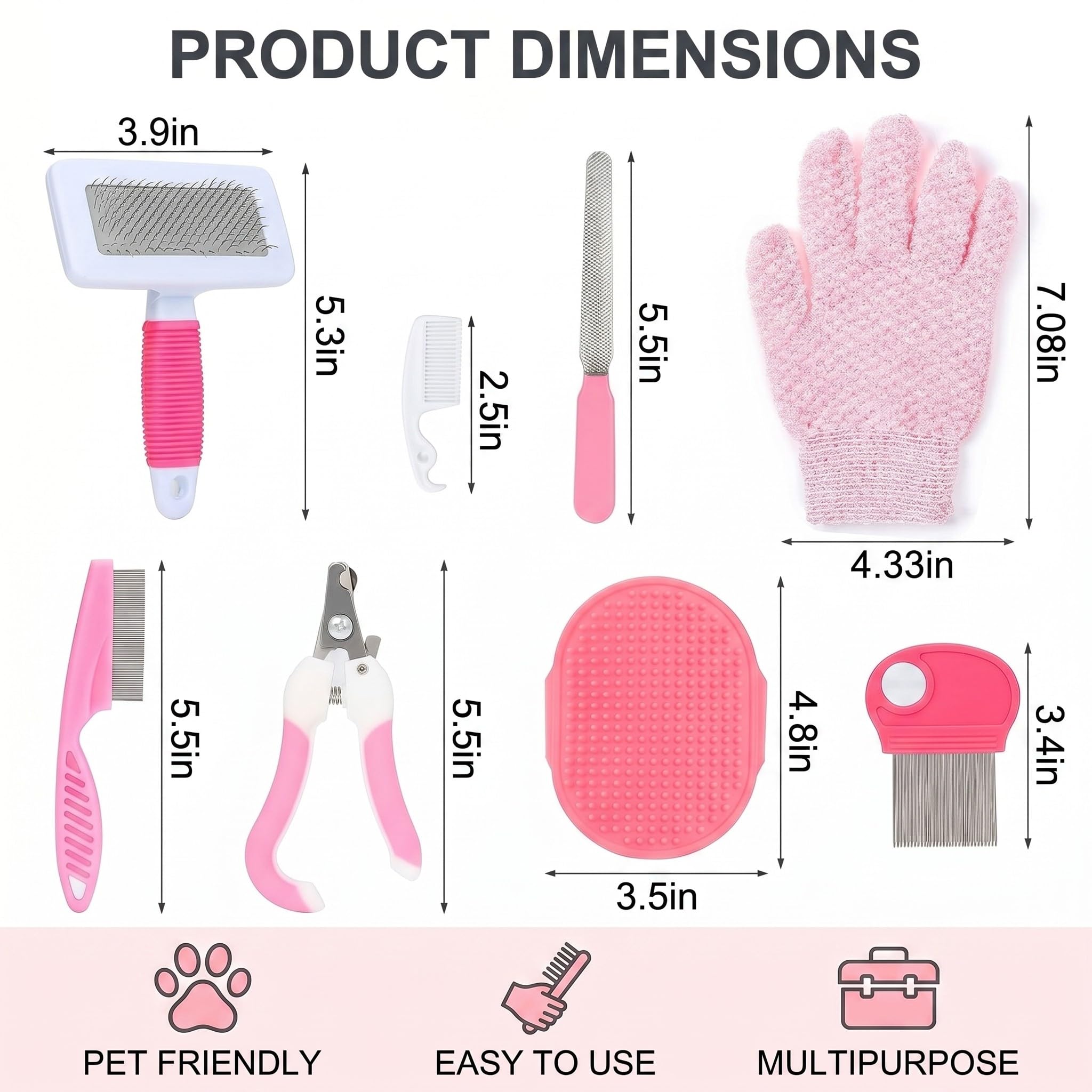 Ensemble de soins pour lapins 8 pièces rose – Accessoires pour lapins avec coupe ongle, lime, peigne anti-puces, brosse lapin, brosse de bain et gant de massage pour lapin, cochon d'inde