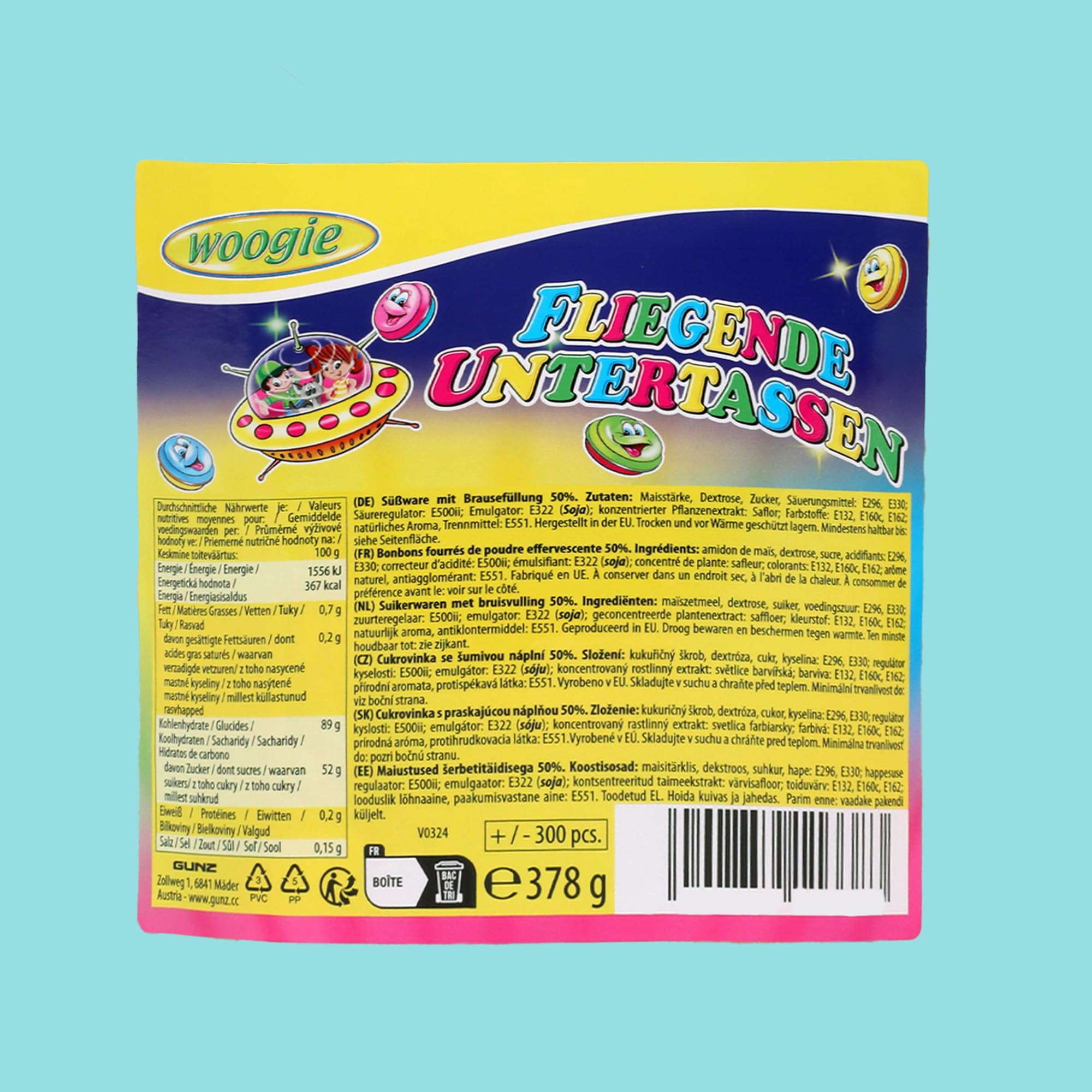 Woogie Soucoupes volantes 378g env. 300 pièces - OVNIs effervescents multicolores en gaufrettes de papier alimentaire - Friandises rétro cultes pour fêtes, anniversaires d'enfants & classes d'école