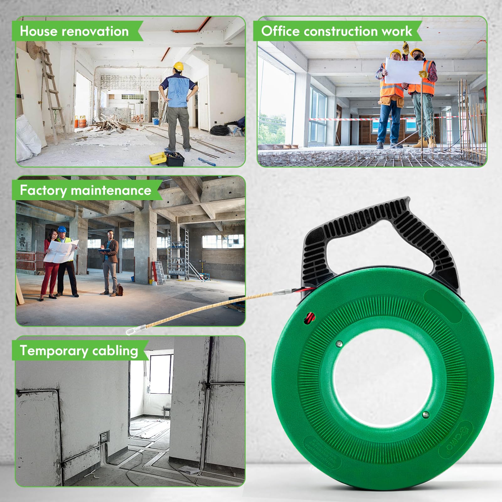 Sonda Passacavi Professionale 30 M,Sonda Elettricista Acciaio Con 1 Tiracavo,2 Morsetti Per Cavi,360° Testa Rotante Del Rullo,Tiracavo Elettrico 5 Mm Per Lavori Elettrici E Di Cablaggio,Verde Scuro