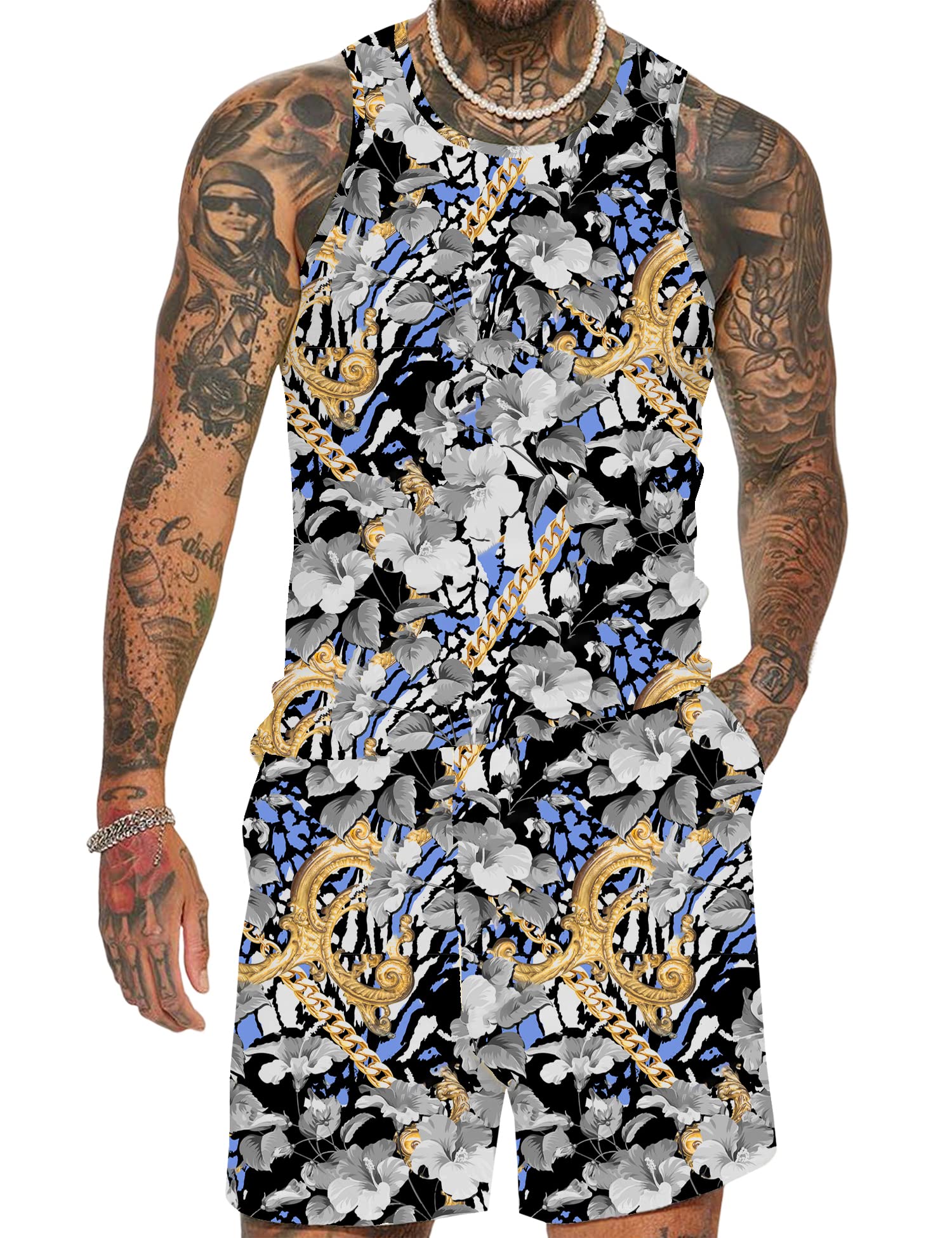 JoZorro Men's Floral Tank Top Set Sleeveless Tees Outfit Luxury Print Casual Sport T-Shirts Tracksuit Hawaii Beach Vacation