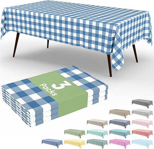 Vista 262 de Smiry Paquete de 10 Manteles Desechables de Cuadros Vichy Azules - 54" x 108" Mantel de Plástico de Servicio Pesado, Cubiertas de Mesa Impermeables