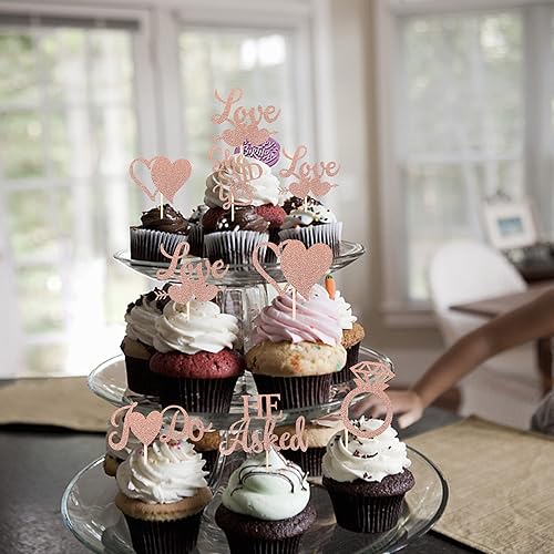 Miniatura 7 de Paquete de 36 adornos para cupcakes con purpurina He Asked She Said Yes con purpurina Love Heart I do, para bodas, compromisos, despedidas de