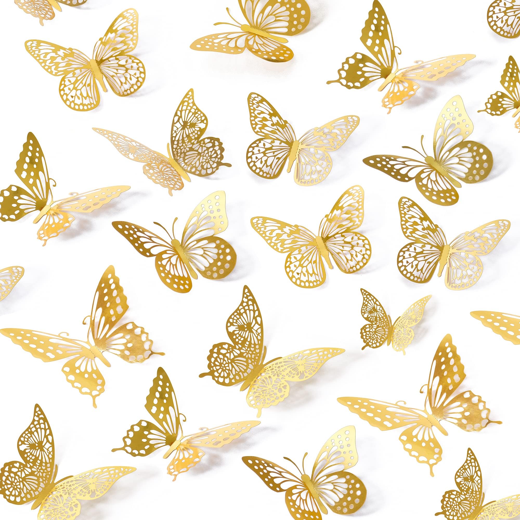 SAOROPEB Gold 3D Butterfly Wall Decor 48 Pcs 4 Styles 3 Sizes, Metallic Cardboard Wall Stickers for Butterfly Party Decorations, Removable Stickers