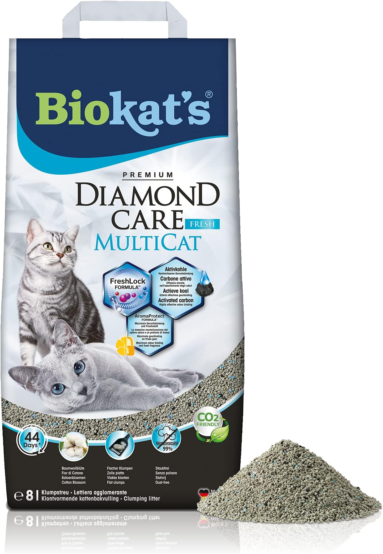 Biokatʼs Diamond Care MultiCat Fresh with fragrance - Fine cat litter with activated carbon especially for homes with multiple cats - 1 bag (1 x 8 L)