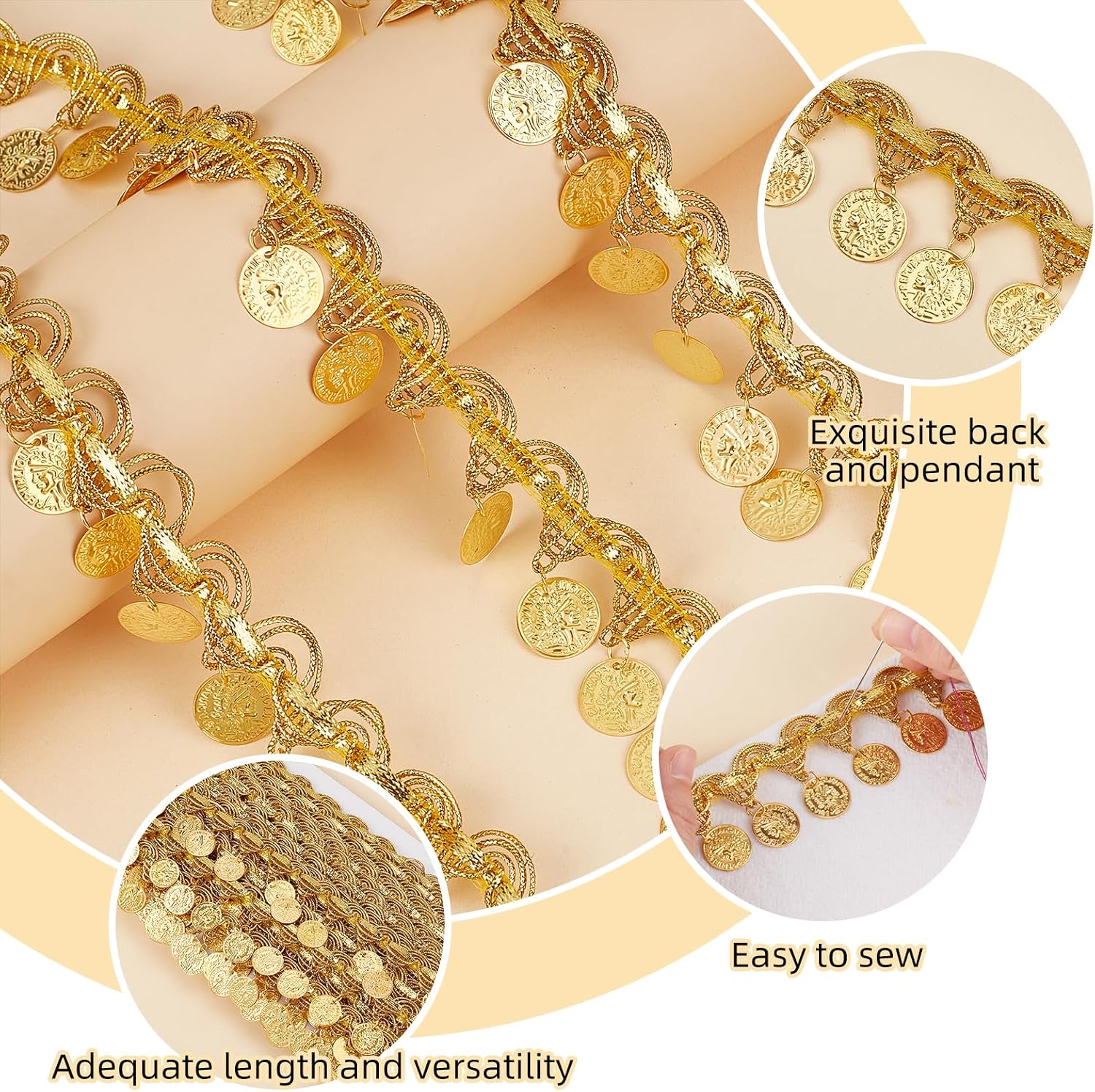 10 Yards Gold Coin Shape Tassel Trim, 1.4 Inch Width Sequin Lace Fringe Edge Trim, Dance Dress Belt Chain for Clothes Decoration Party Accessories DIY Sewing Crafts