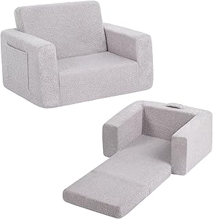 YOTATING 2-in-1 Kids Sofa Chair, Convertible Toddler Chair Flip Out Children Sofa Chair Folding Kids Play Sofa with Side Pockets & Removable Cover Armrest Chair for Girl or Boy, Sherpa Grey