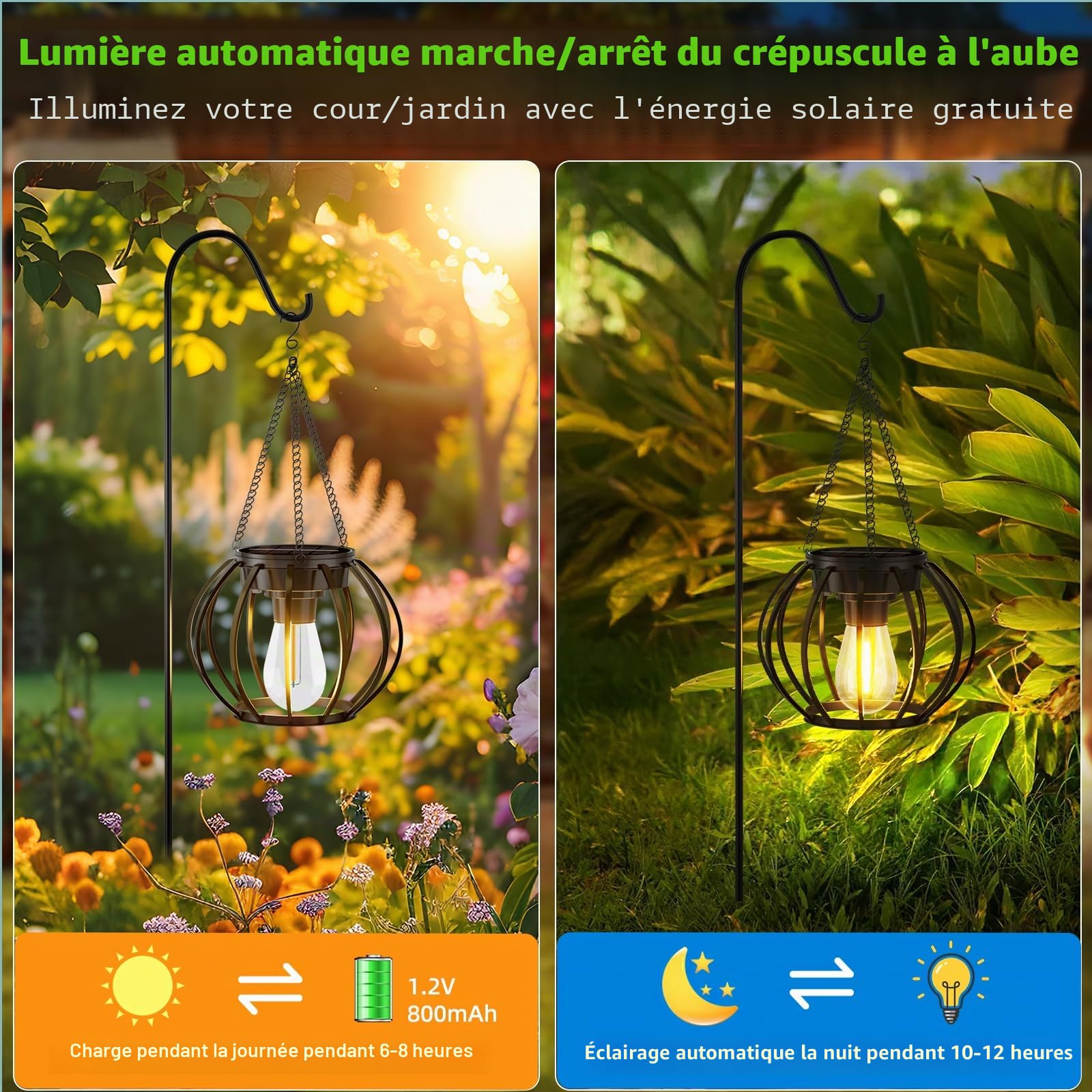 Lampe Solaire Exterieur Suspendue, Lanterne Solaire Exterieur Métal avec Chaîne et Crochet, IP65 Étanche Lanterne Ronde Decorative à Suspendre pour Terrasse Balcon Cour Jardin, lot de 2