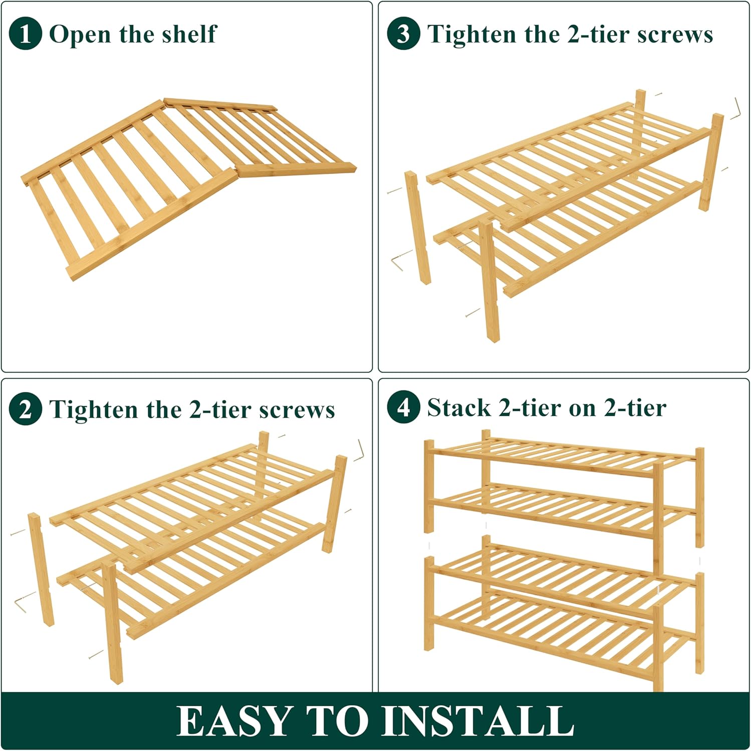 Smiry Bamboo Shoe Rack for Closet, 4 Tier Wooden Stackable Shoe Organizer, Free Standing Shoes Storage Shelf for Entryway, Front Door Entrance, Natural