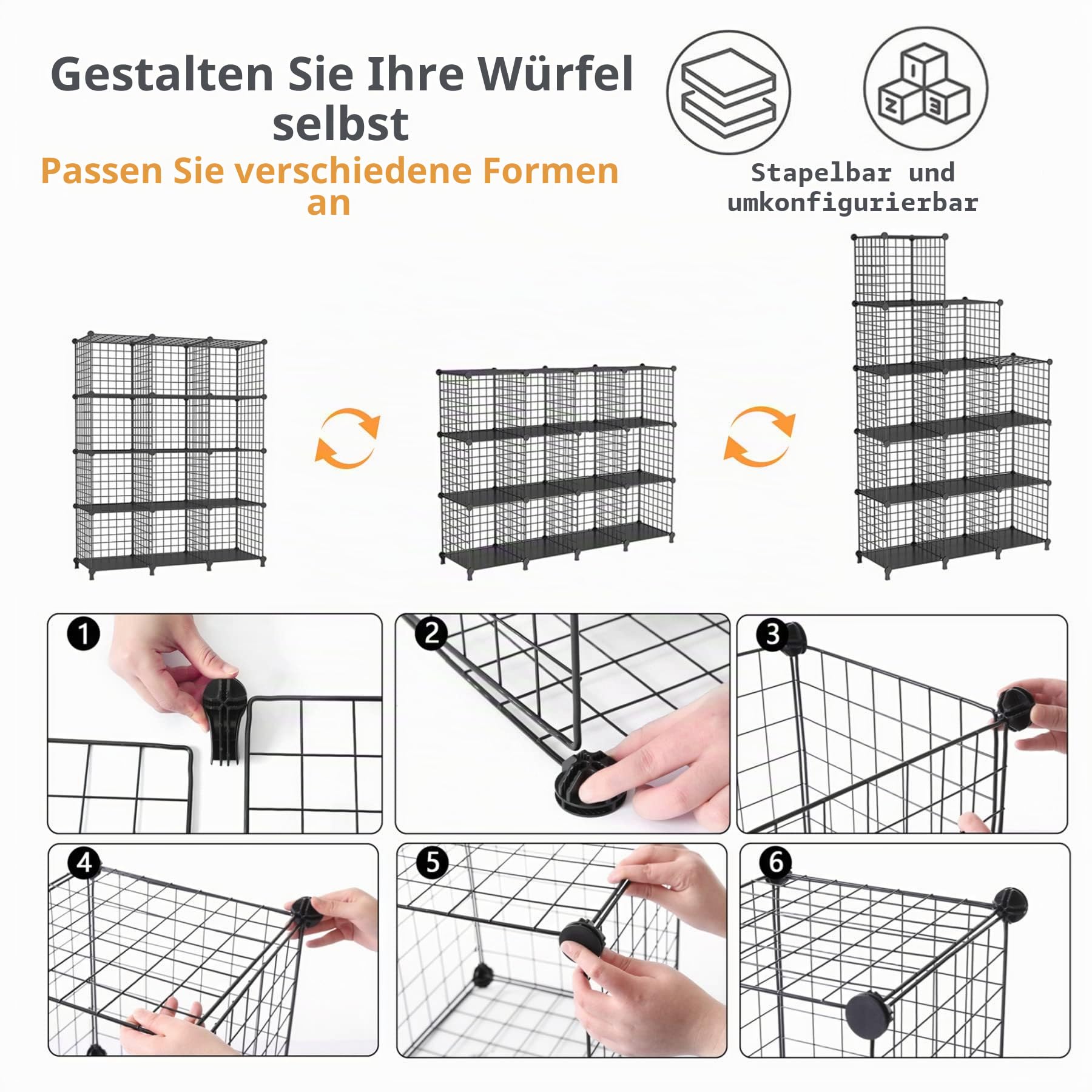 AWTATOS 12 Drahtwürfel Stapelbarer Regal Mit Türen - DIY Metallgitter Würfelbuchregal Für Wohnzimmer, Schlafzimmer, Bad - Schwarz USCIH12BE