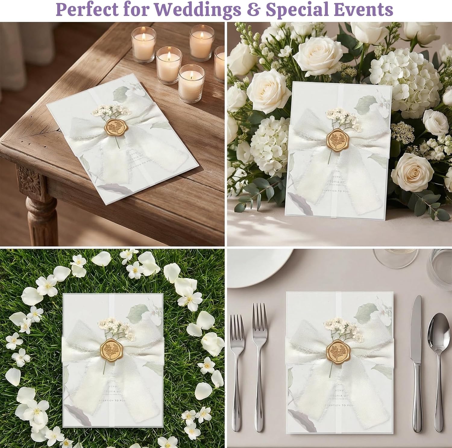 70 Sets Wedding Invitation Kit, Pre-Folded Vellum Jackets for 5x7 Invitations Accessories Wax Seal Stickers Ribbon & Dried Flowers for DIY Wedding Invites