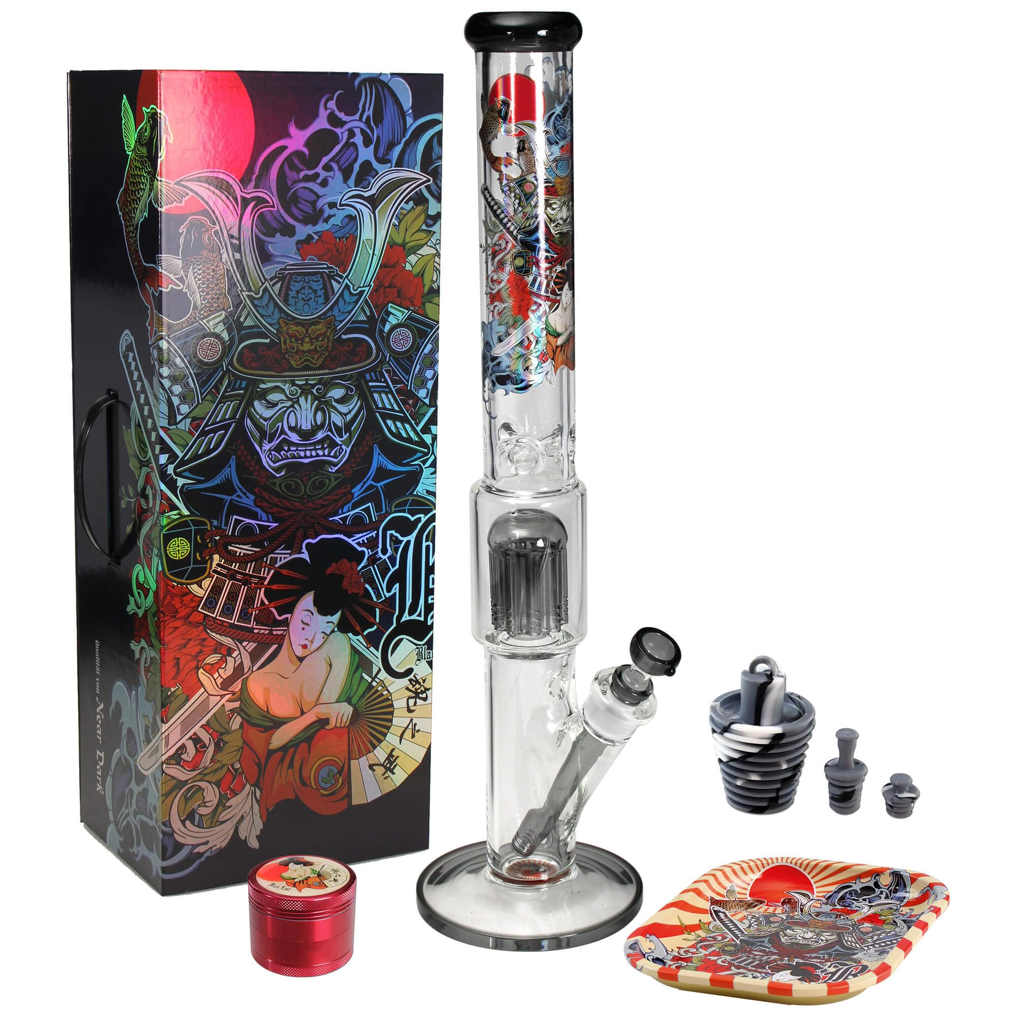 Black Leaf Zylinder Bong Japan-Style RONIN GEISHA Eiskammer Kickloch Kofferbong Baumperkulator Grinder Rolling Tray 50cm