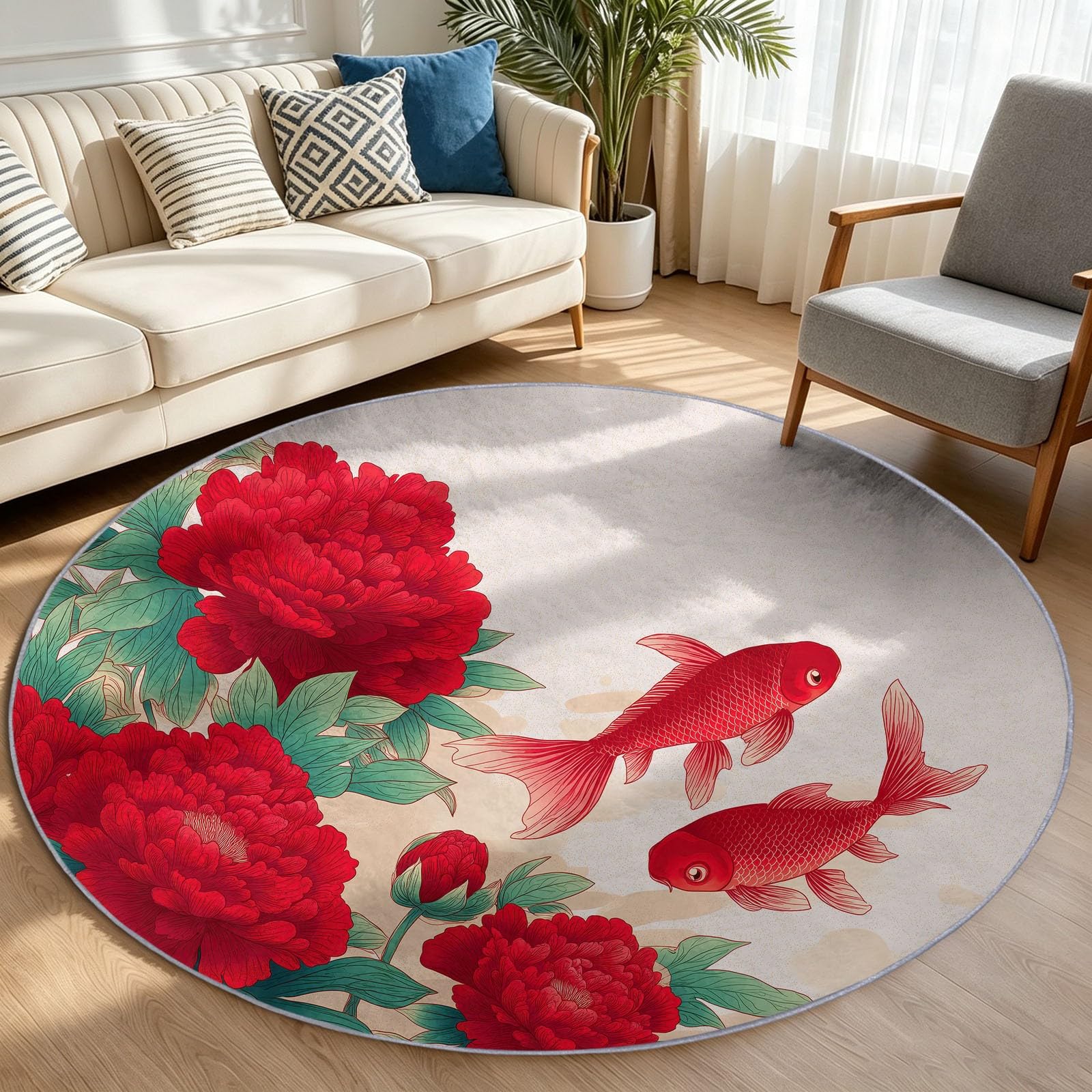 Tappeto rotondo lavabile, 60 cm, tradizionale, orientale, morbido, con stampa floreale, koi a pelo corto, antiscivolo, per ingresso, soggiorno, camera da letto, accanto al divano e all'ufficio (bianco