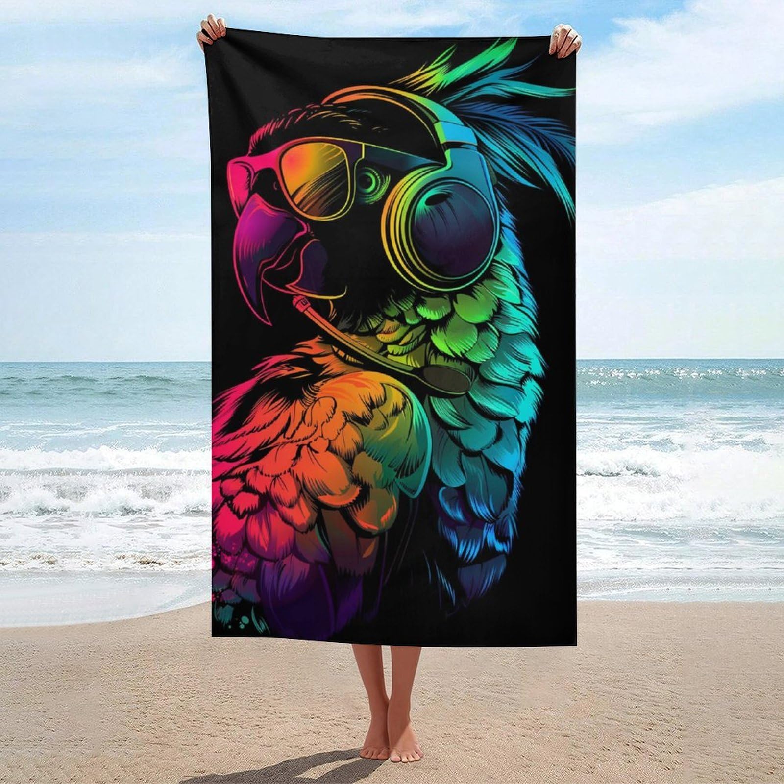 Serviette de plage perroquet grand format 130x80cm microfibre séchage rapide