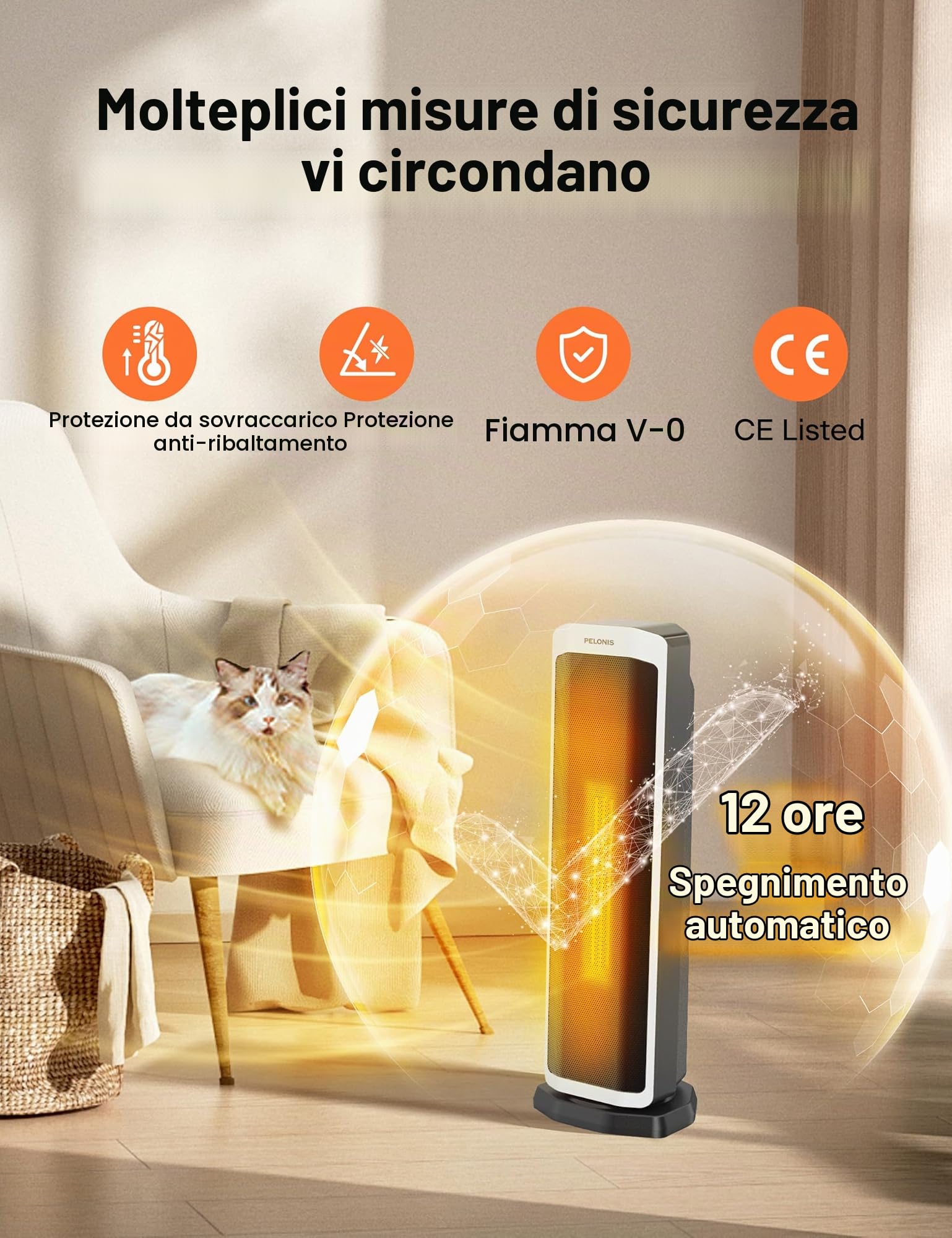 Pelonis Riscaldatore Elettrico 2000W, Radiatore Elettrico con Telecomando, Riscaldatore Elettrico Termostato, Regolabile e Protezione Tipp-Over e Contro il Surriscaldamento