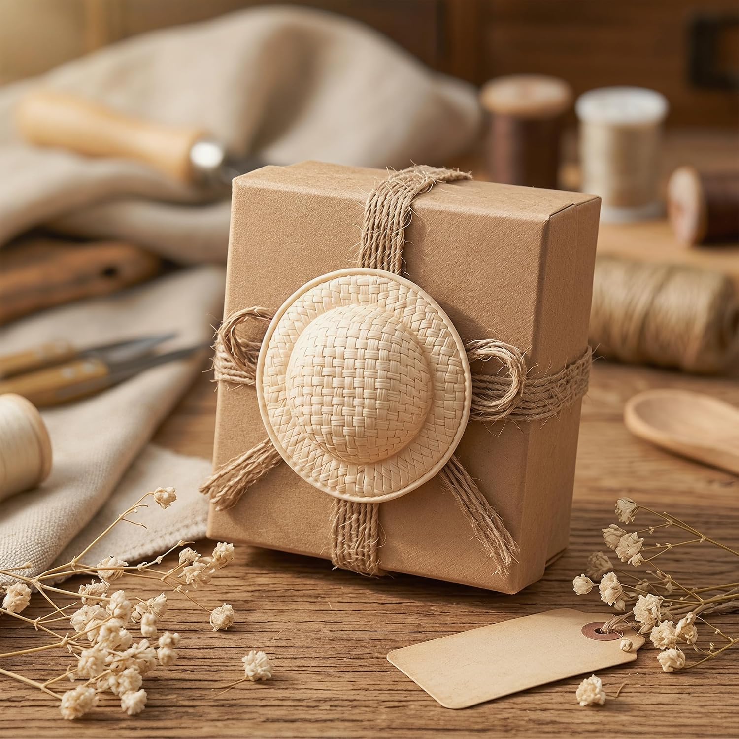 15 Pcs Mini Woven Hat, Cute Miniature Straw Hats, Khaki, 2.04 In