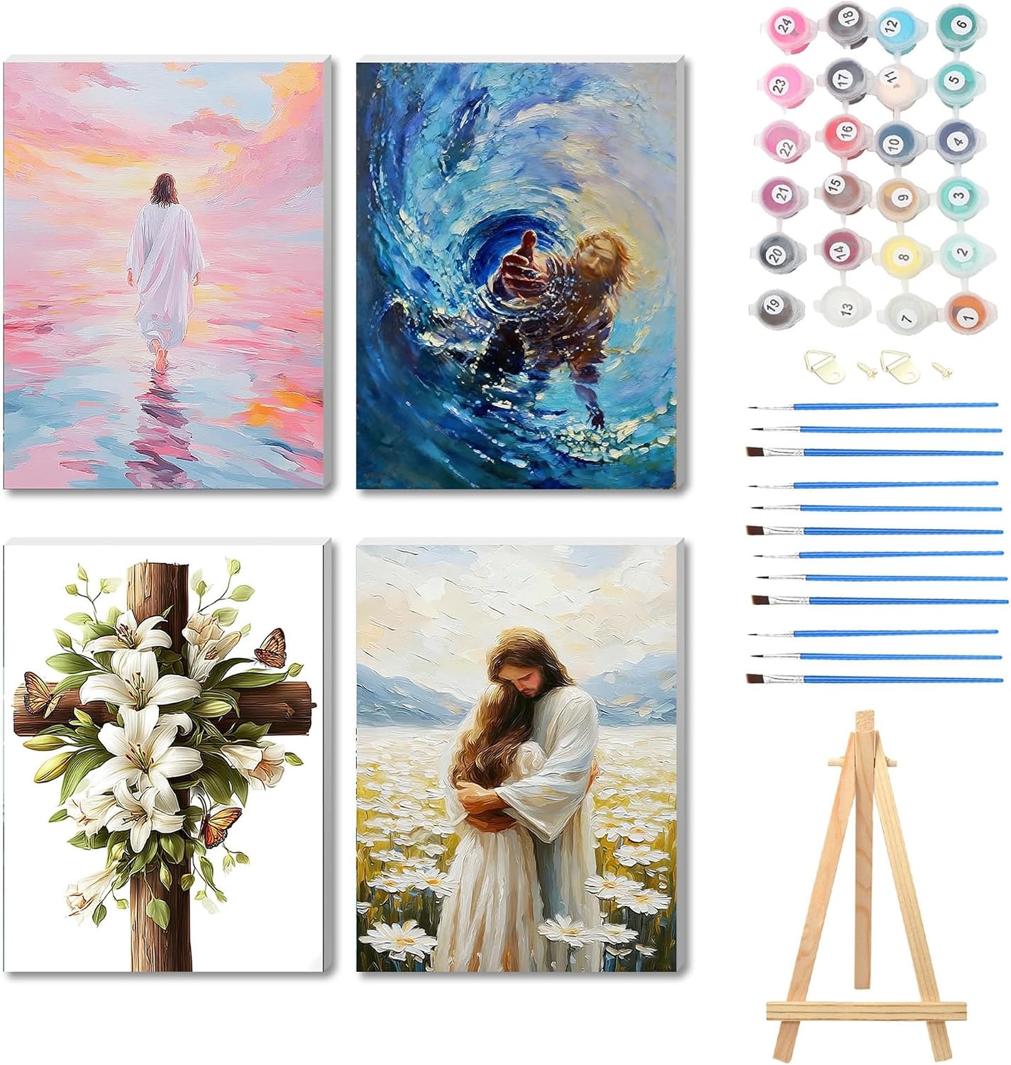 NZNANCHU 4PCS Jesus Wooden Framed Adult Paint by Number Kits,Easy Painting Kits on Canvas,Color by Numbers Acrylic Watercolor Gifts for Friends Home Wall Decor