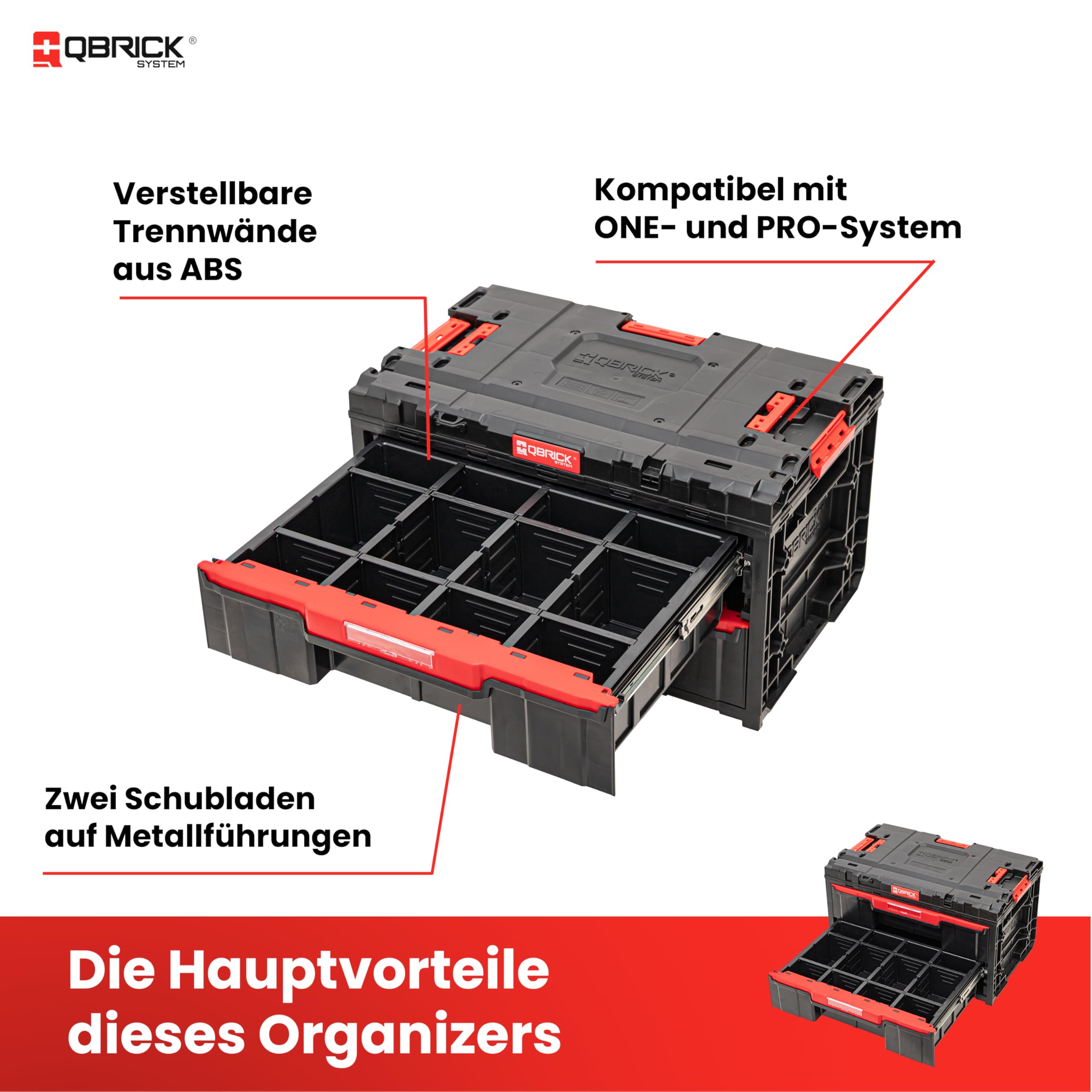 Qbrick System Werkzeugkoffer One Drawer 2 Toolbox 2.0 Black Werkzeugkasten mit 2 Schubladen IP66 Robust 24 kg Tragkraft Modular