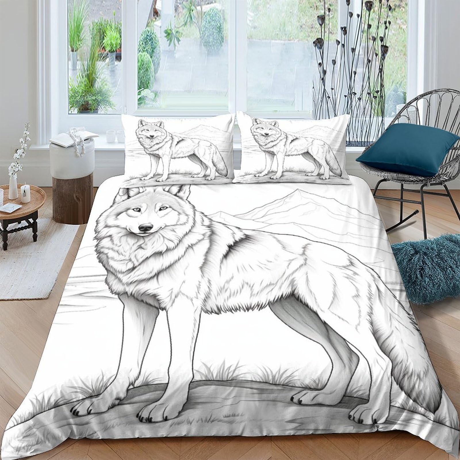Parure de lit housse de couette loup 3D gris 3 pièces King 220x240cm fermeture éclair