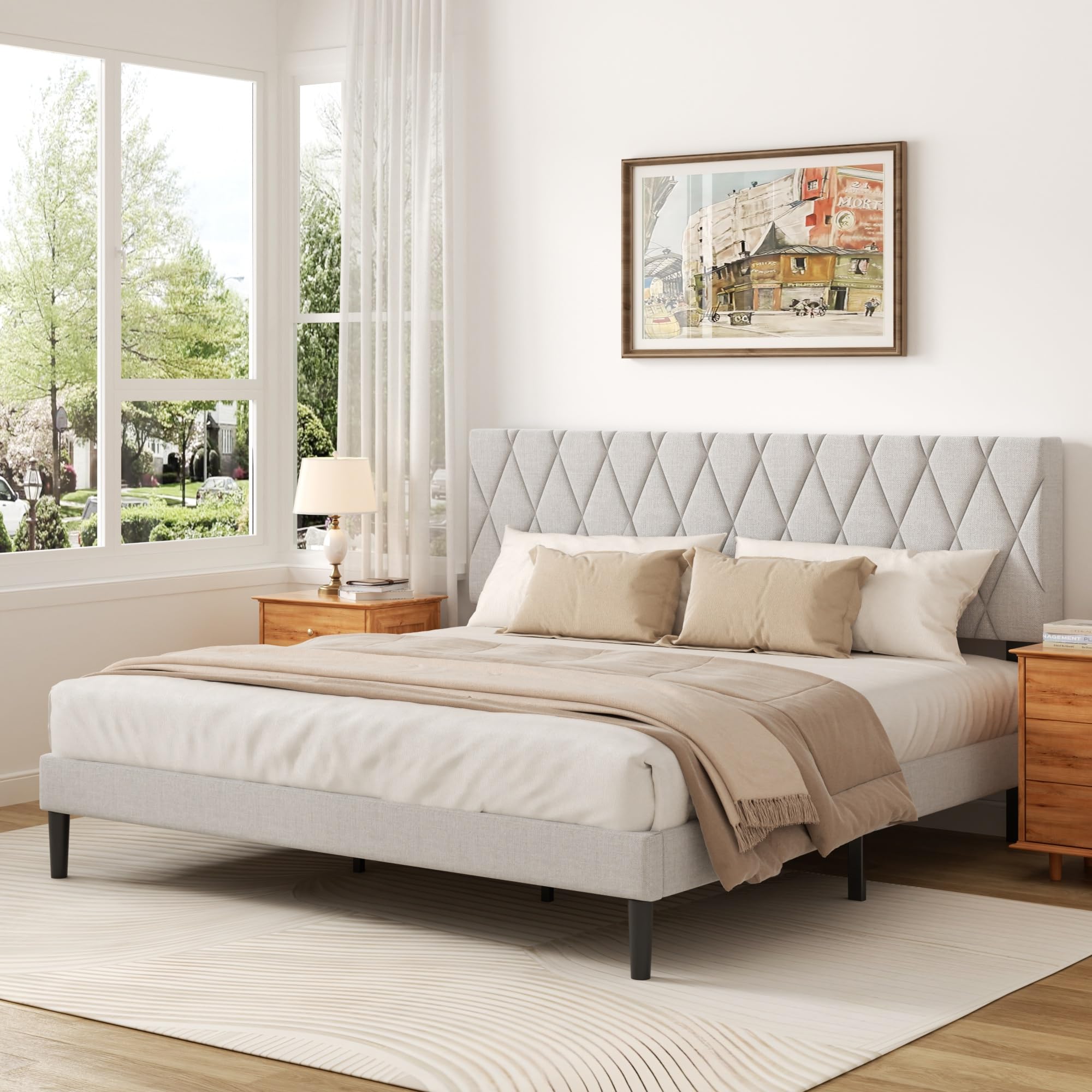 King Size Bed Frame with Diamond Tufted Headboard, Linen Upholstered Platform Bed and Wooden Slat Support, Noise-Free, No Box Spring Needed, Easy Assembly, Light Grey