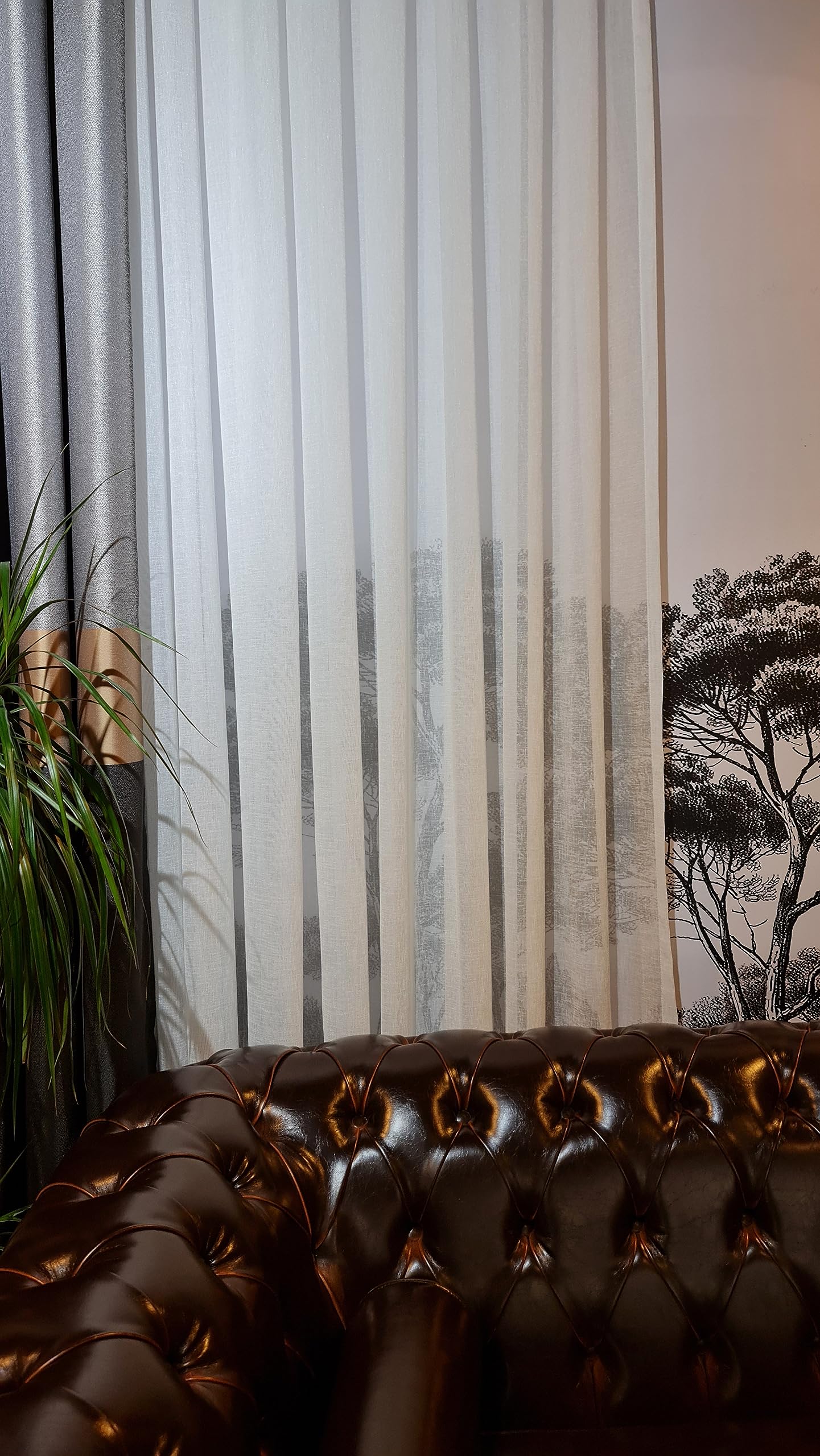 GARDINESTAN JUNG CFO GmbH Rideaux blancs aspect lin semi-transparent avec galon fronceur et bande de plomb pour salon et chambre à coucher (210 x 200 cm (H x l)