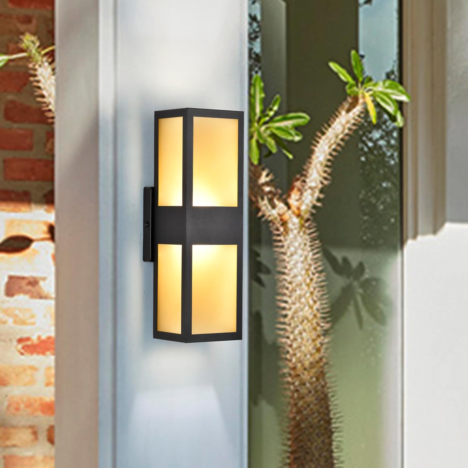 Modern Exterior Wall Lights, Rustic Black LED Outdoor Lights with Warm Amber Lampshade, Waterproof Up and Down Outdoor Lights for House, Garage, Patio, Porch, 2 Pack