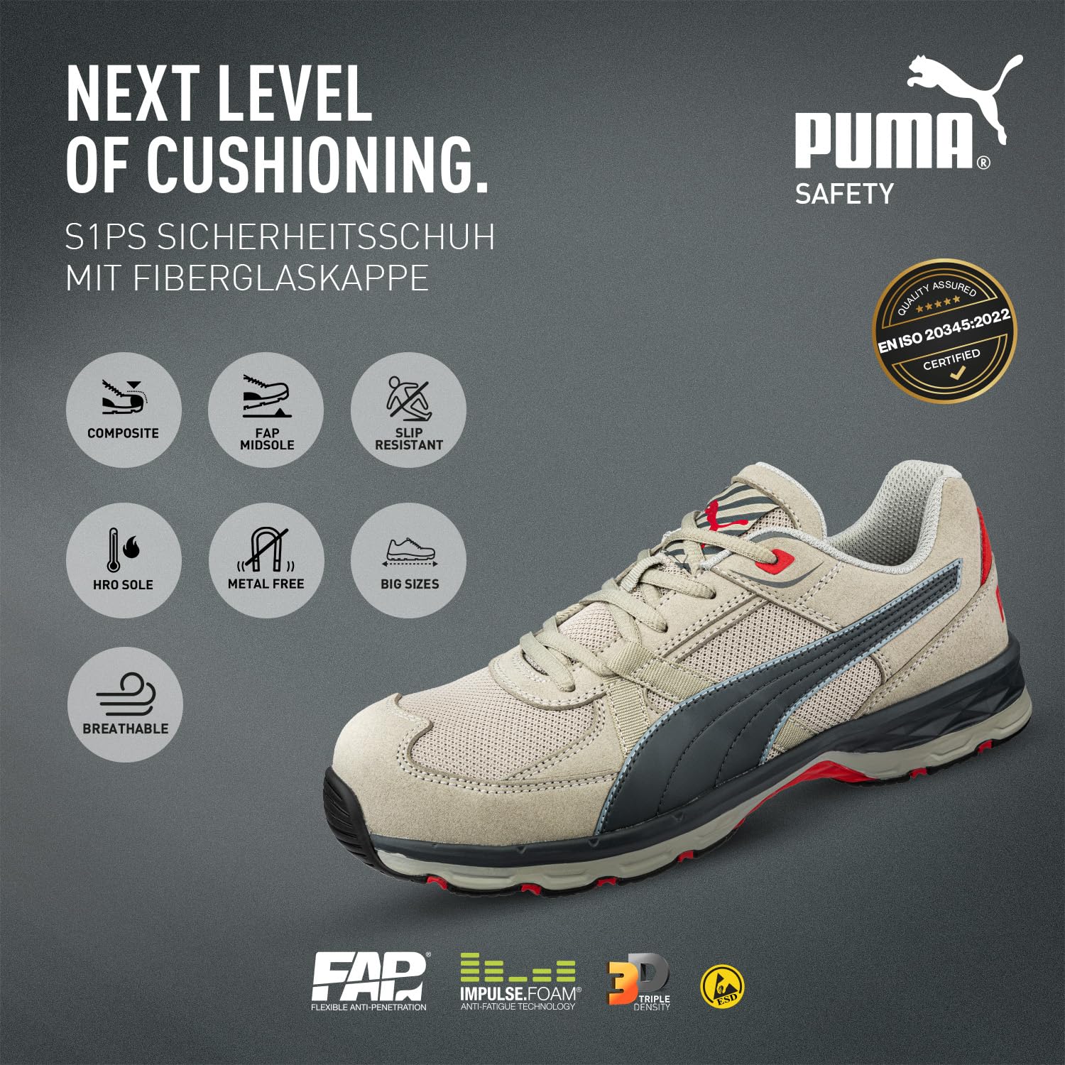 PUMA Safety VANTI Grey Low S1PS ESD FO HRO SR Zapatos de seguridad para hombre, transpirables, antideslizantes, sin metal, tapa de fibra de vidrio, zapatos de trabajo