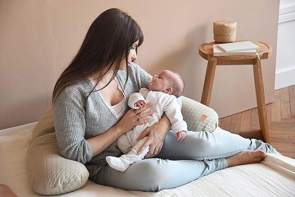 Béaba, Big Flopsy, Coussin d'allaitement/Grossesse, Oreiller de Grossesse/Maternité, Convient pour Dormir/Allaiter, Soutien, Détente et Confort Optimal, Fleur de Coton, Lin - 5