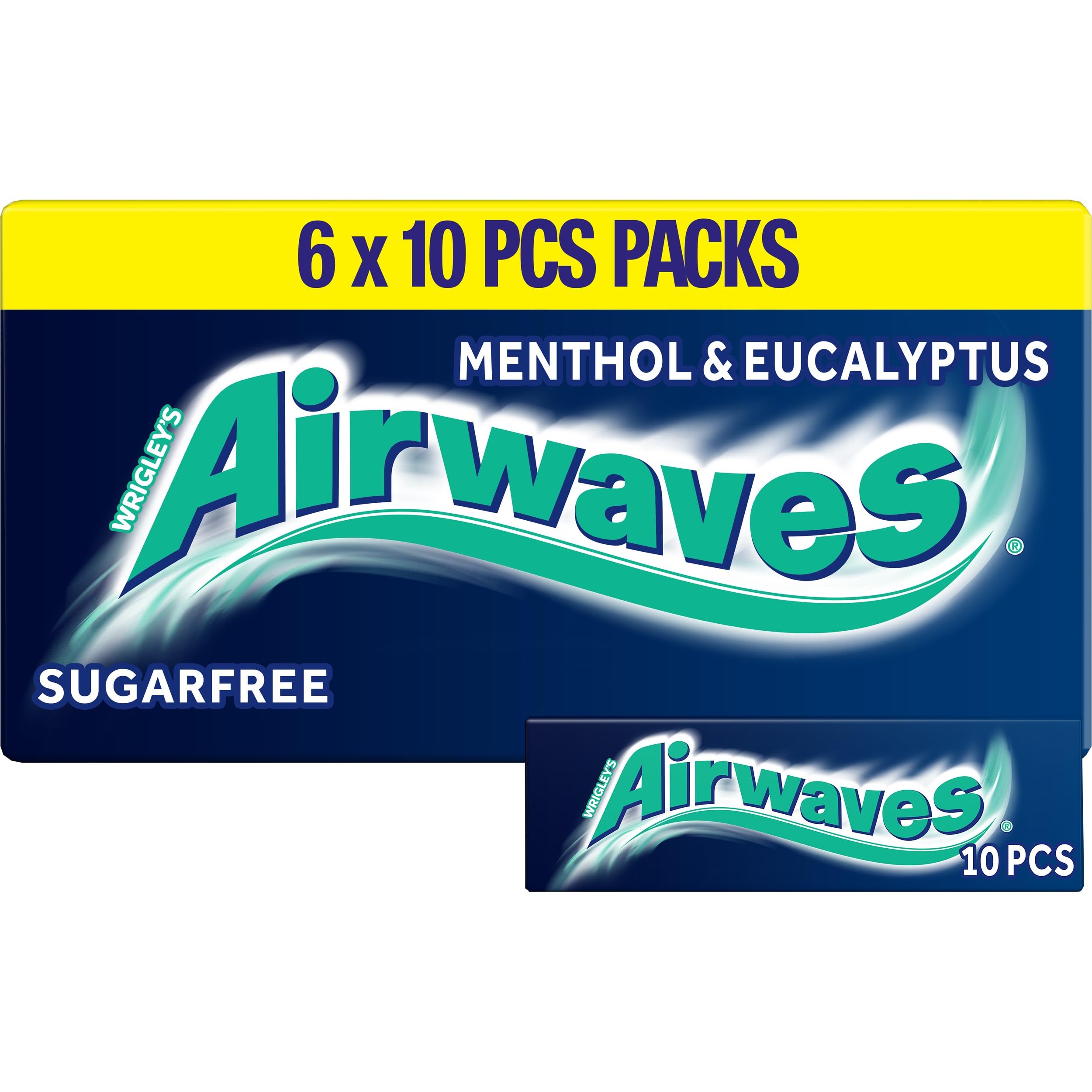Airwaves Menthol & Eucalyptus Multipack, Sugar Free Chewing Gum 5 x 10 Pieces - Intense Mint Fresh Breath Gum - Air Travel Essentials, Festival Accessories & Road Trip Snacks