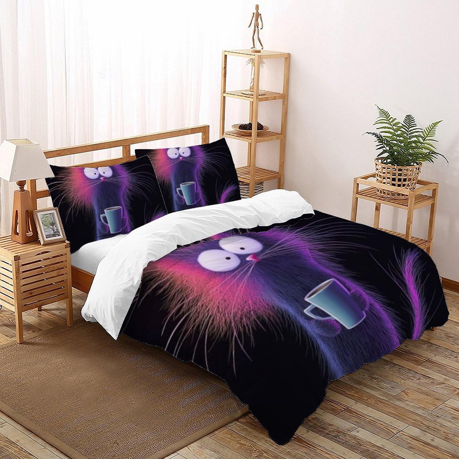 Chat violet imprimé 3D housse de couette king pour chambre d'enfant
