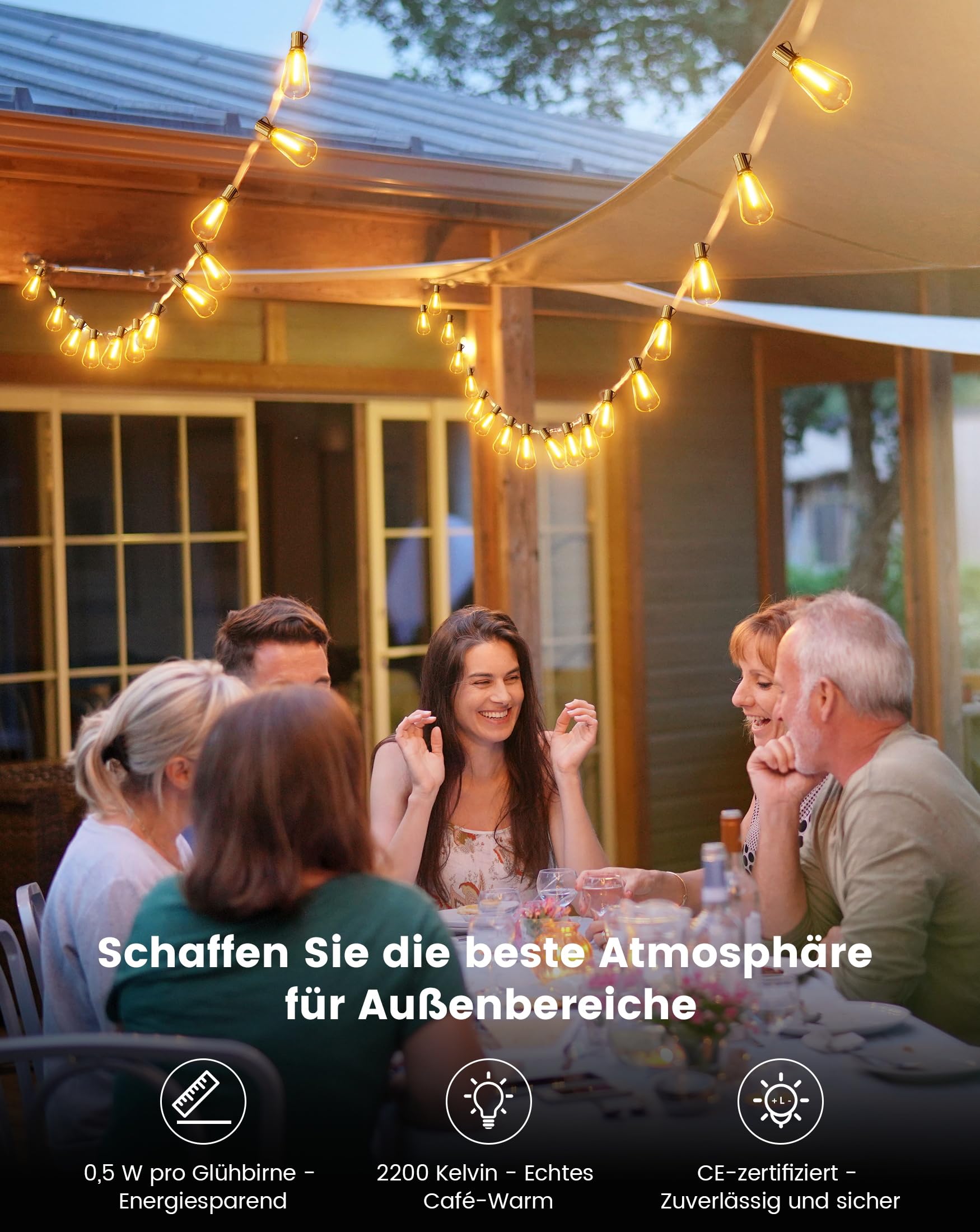 LED Lichterkette Außen Strom 36.5m - Outdoor Lichterketten 120FT mit Aussen Wetterfest 60+2 ST38 Glühbirne Warmweiß Aussenlichterkette für Balkon Garten Pavillon Terrasse Vorzelt Hochzeit