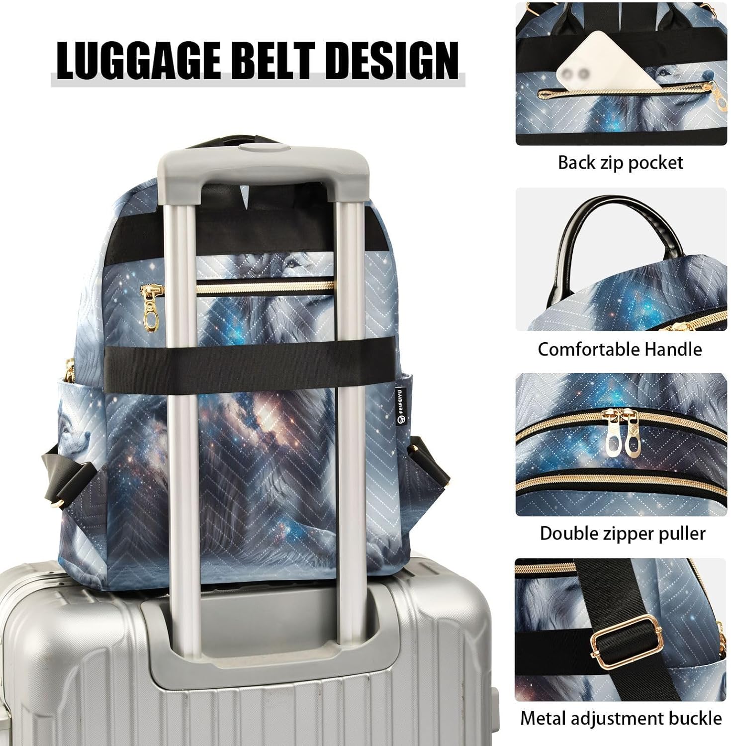 ALAZA Glitter Galaxy Wolf Small Backpack Purse for Women Travel Bag Lightweight Shoulder Bag Fashion Daypack - Image 4