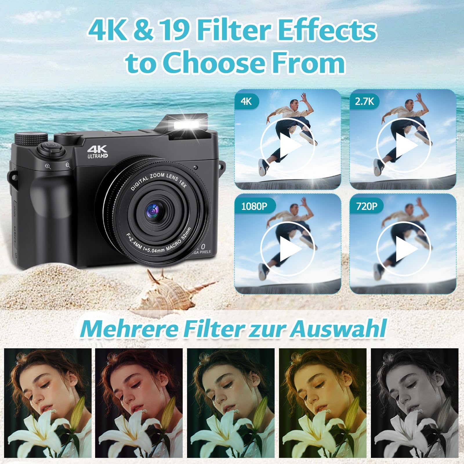 Camara de Fotos 4K 75MP - Zoom Digital 18X Camara Digital Enfoque Automático, Pantalla IPS de 3", Selfies/Vlogging, Tarjeta de 32GB, Camaras Compacta para Principiantes, Adolescentes (Negro)