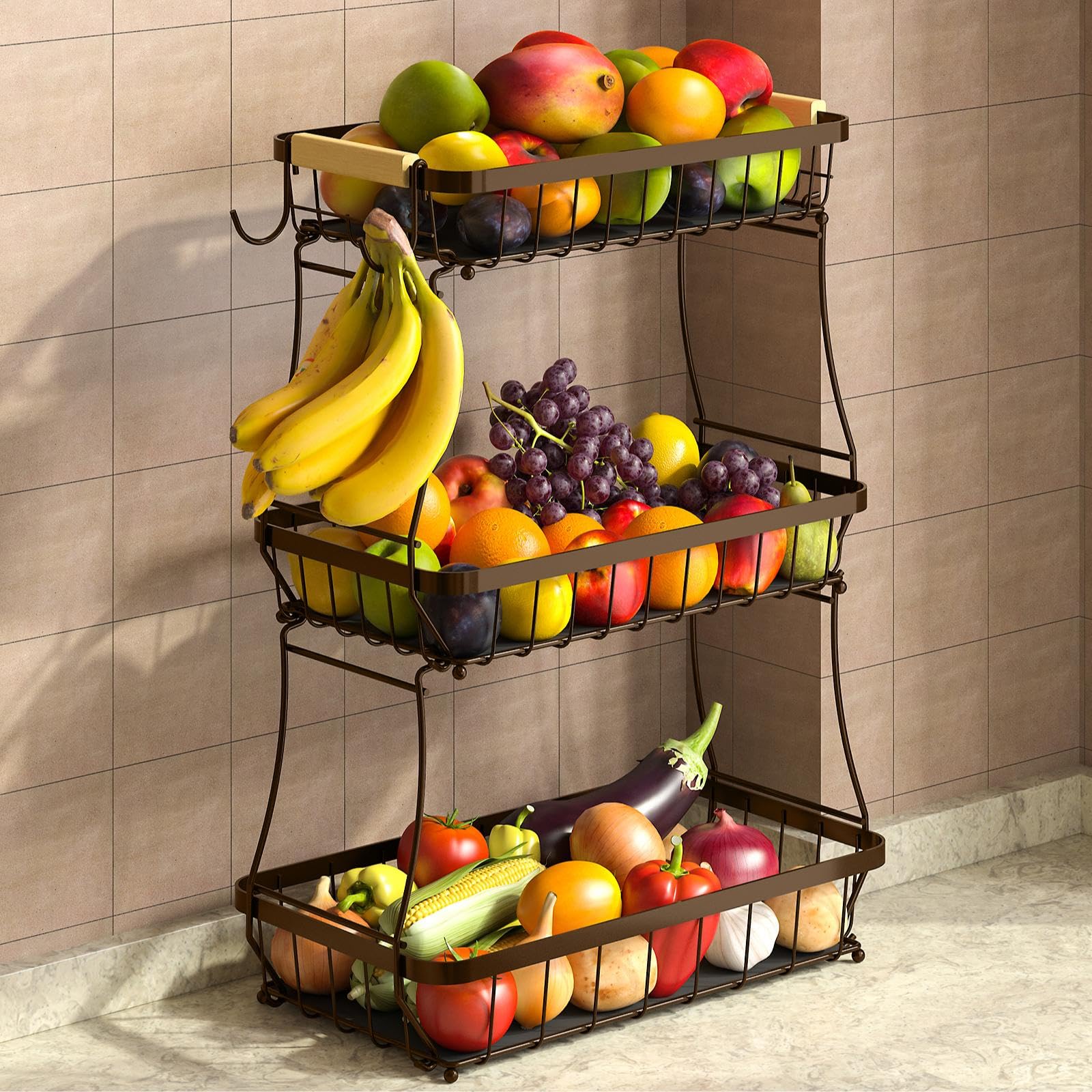 Sevenblue 3-Tier Sturdy Fruit Bowl with Banana Hangers, Brown