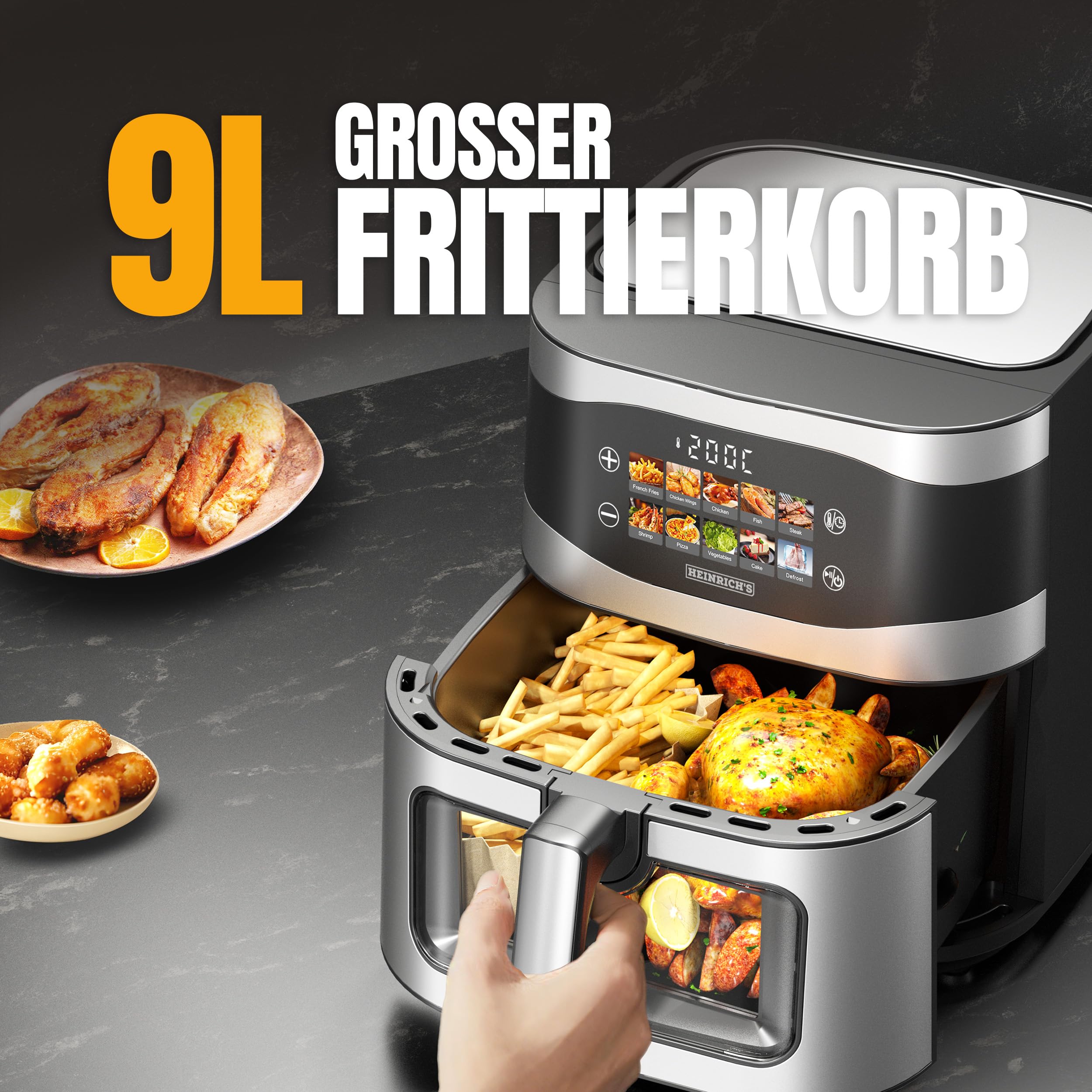 HEINRICHS Heißluftfritteuse, 9 Liter XXL Air Fryer, 10in1 Heißluftfritteuse, LED-Display mit Sensor-Touch Bedienung, fettfreie Zubereitung, inkl. Timer, platzsparend, spülmaschinenfester Korb, 1800W