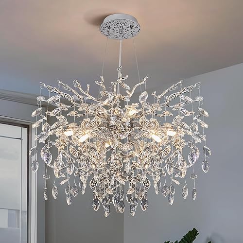 Candelabro Moderno de Cristal, Candelabro de Rama de Árbol Plateado de 23.6", 8 Luces Redondo Contemporáneo de Lujo Lámpara Colgante de Cristal K9