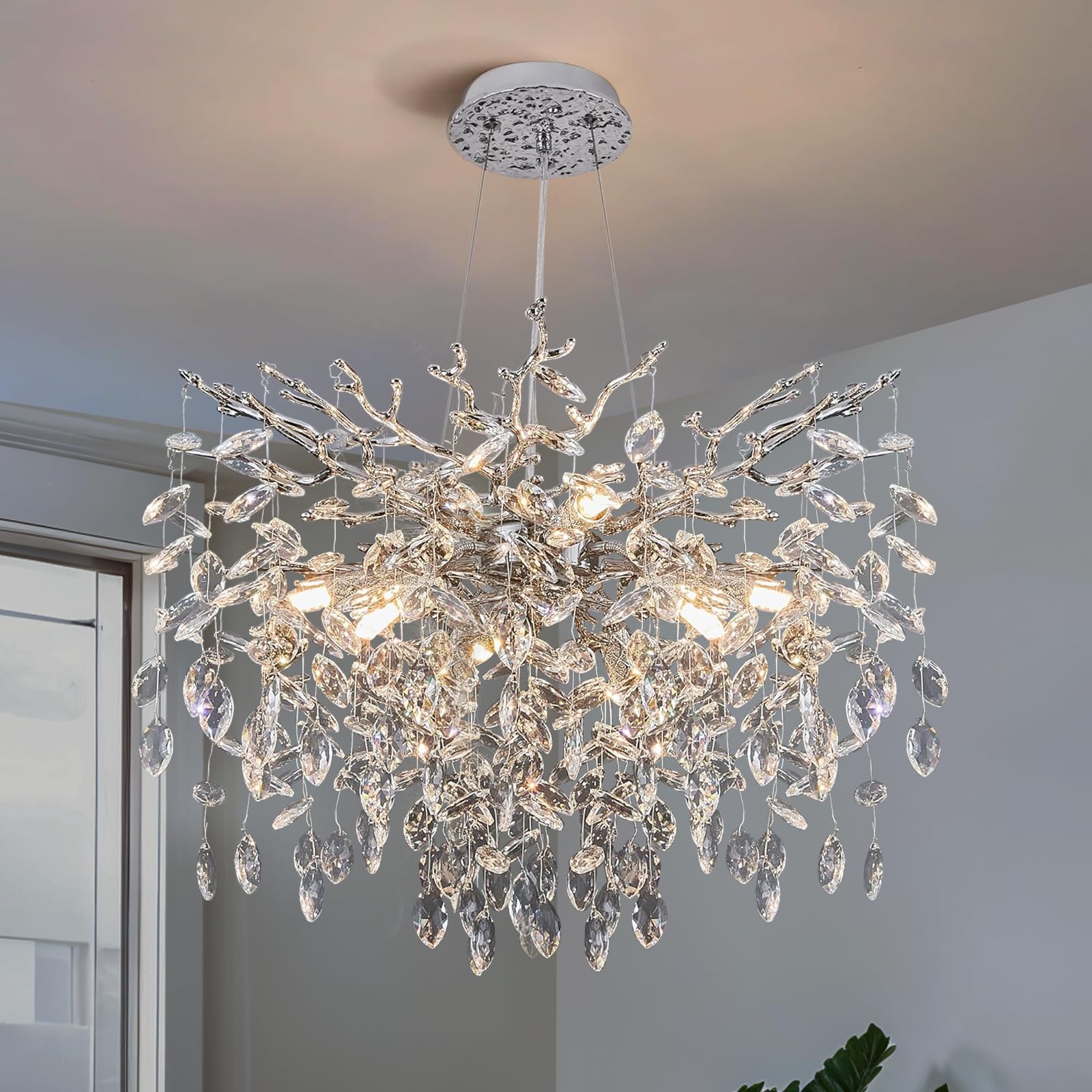 23.6" Silver Crystal Chandelier, 8-Light Modern Tree Branch Chandeliers, Round Chandelier for Dining Room, Living Room, Foyer, Entryway, Bedroom,