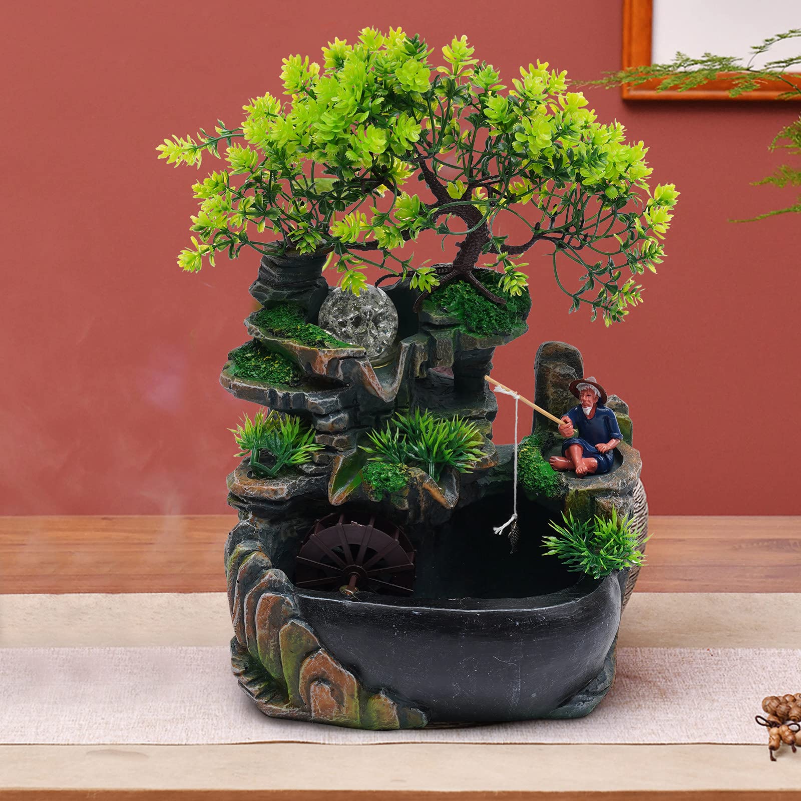 Fontaine d'intérieur de jardin avec éclairage LED - Jeu d'eau de bureau - Simulation de plantes - Jardin de rocaille - Humidificateur de chambre - Fontaine d'intérieur - Éclairage LED - Cascade