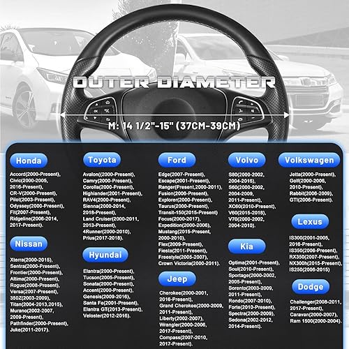 Miniatura 117 de SEG Direct Funda universal para volante de automóvil, de 15 pulgadas, piel de microfibra, color blanco y gris Negro y gris