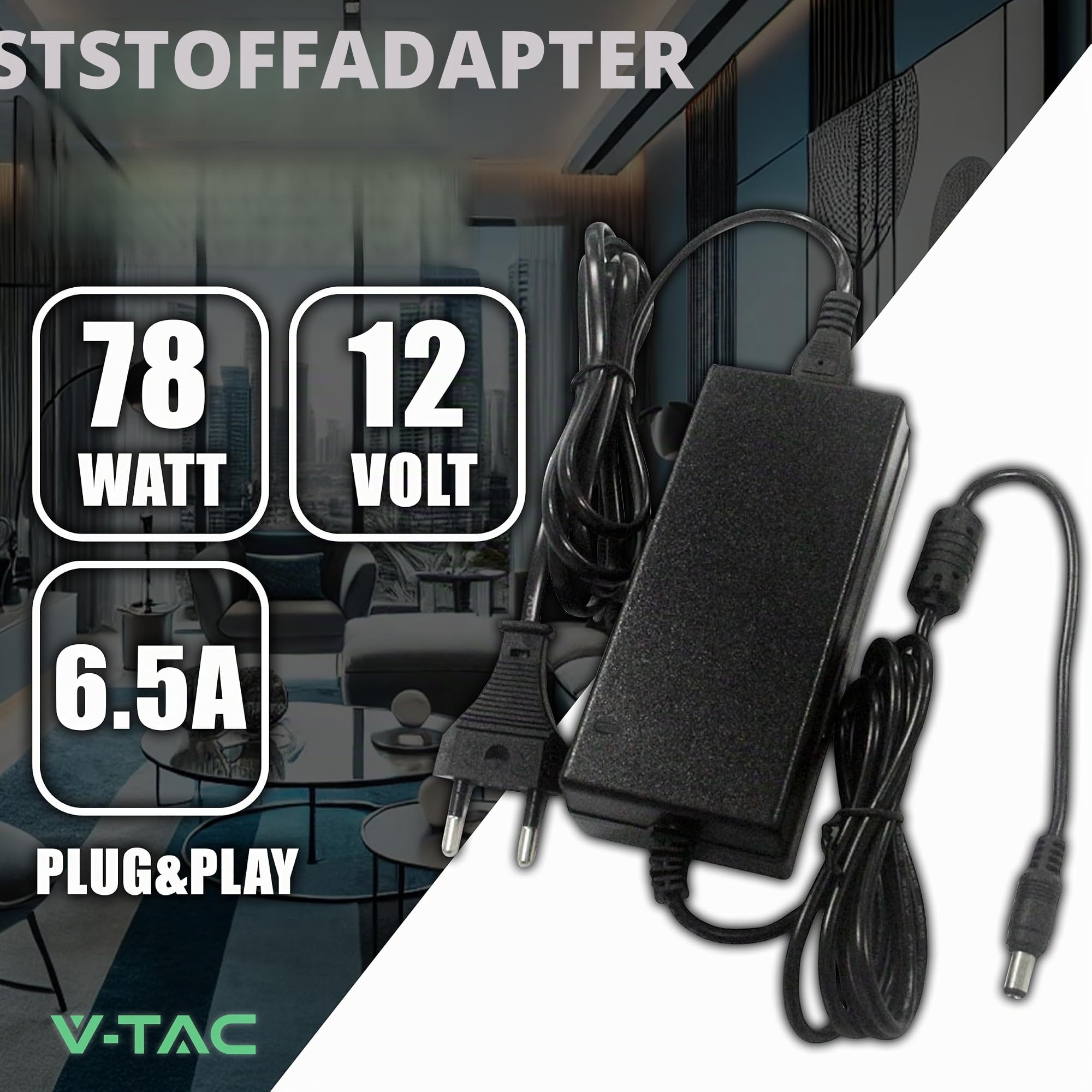 V-TAC Netzteil Adapter 12V 78W 6,5A für Kameras, LED-Streifen, Modem - Transformator 12V - Netzadapter für Bildschirme und Elektronische Geräte - Eingang AC 100-240V - Euro Stecker