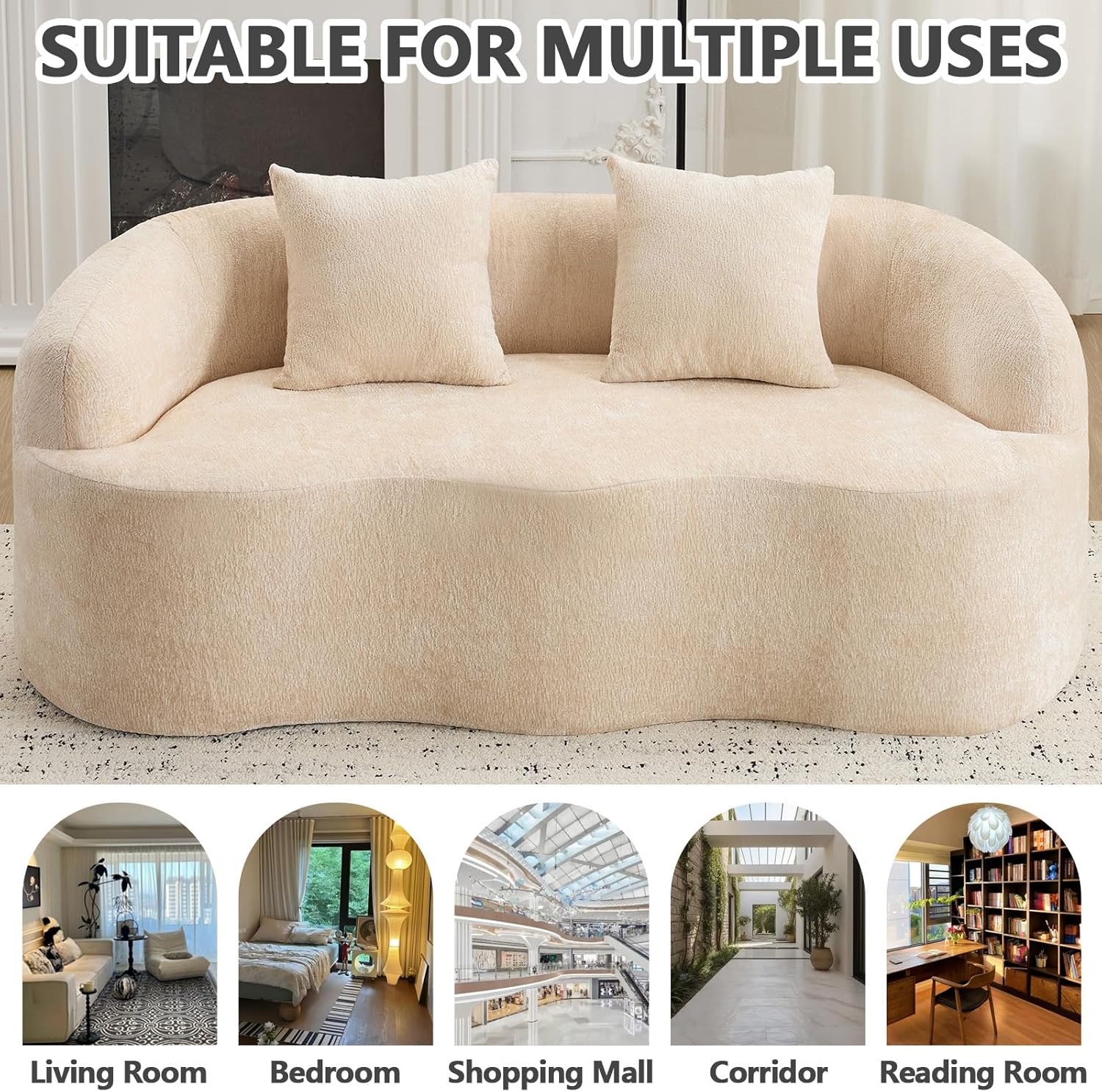 67" Curved Loveseat Sofa with 2 Pillows, Boneless Curved Couch with Round Armrest, Cloud Sofa for Living Room Bedroom Small Spaces, Teddy, Modern, Compressed, No Assembly (Beige Warm)