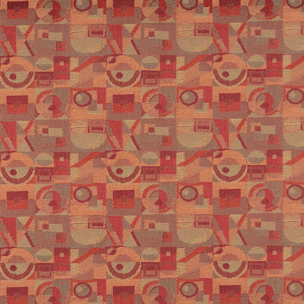 Red Persimmon and Green Abstract Geometric Durable Upholstery Fabric by The Yard - SKU: Cedric Pottery