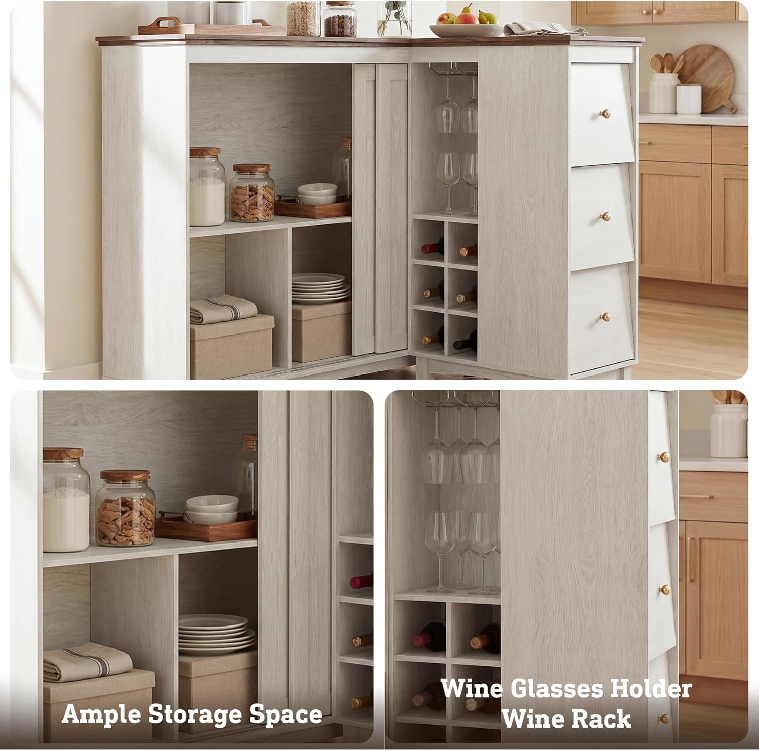 STO'SENSE L-Shaped Bar Cabinet with Charging Station,Corner Home Bar Unit with Storage Cabinet and 3 Drawers,Large Bar Table with Wine Rack,Glass Rack,Sliding Door for Living Room,Dining Room (White)
