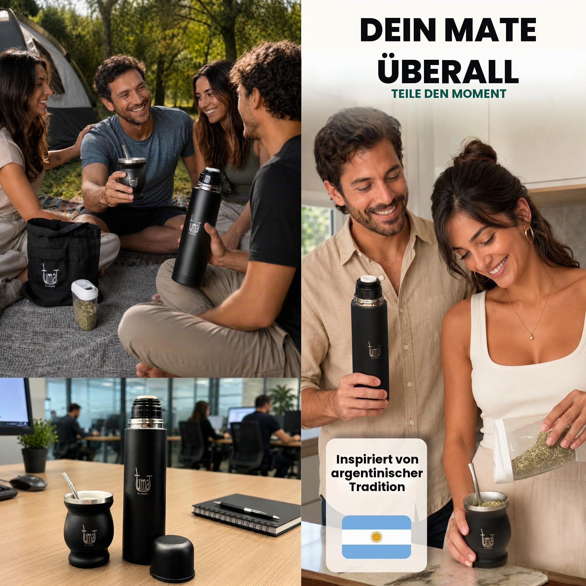 Komplettes Yerba Mate Kit – inklusive Mate-Becher, Strohhalm (Bombilla), 750 ml Thermoskanne, Beutel und zwei Geschenken (Behälter Yerbero und Auto-Tauchheizung) – Yerba Mate Set aus Edelstahl