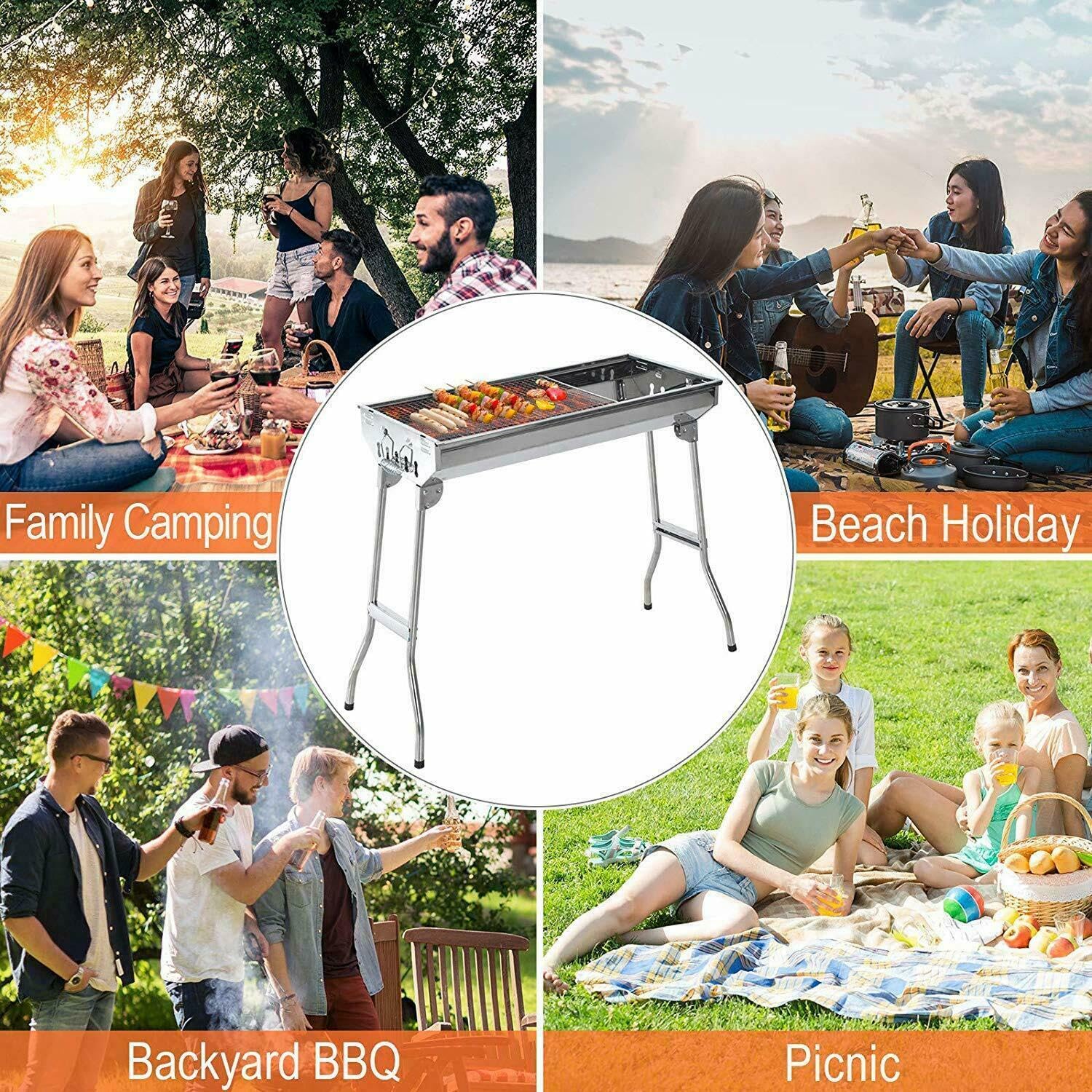 Oceano Barbecue a carbone in acciaio inox bracere richiudibile in metallo portatile bbq da esterno griglia per giardino pic-nic campeggio escursione gita (33x73x71cm + soffiatore + utensili)
