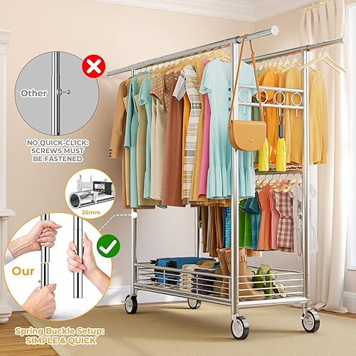 Miniatura 8 de Perchero resistente con carga de 960 libras, tres barras de ropa rodantes para colgar ropa, perchero rodante con ruedas resistentes, estantes