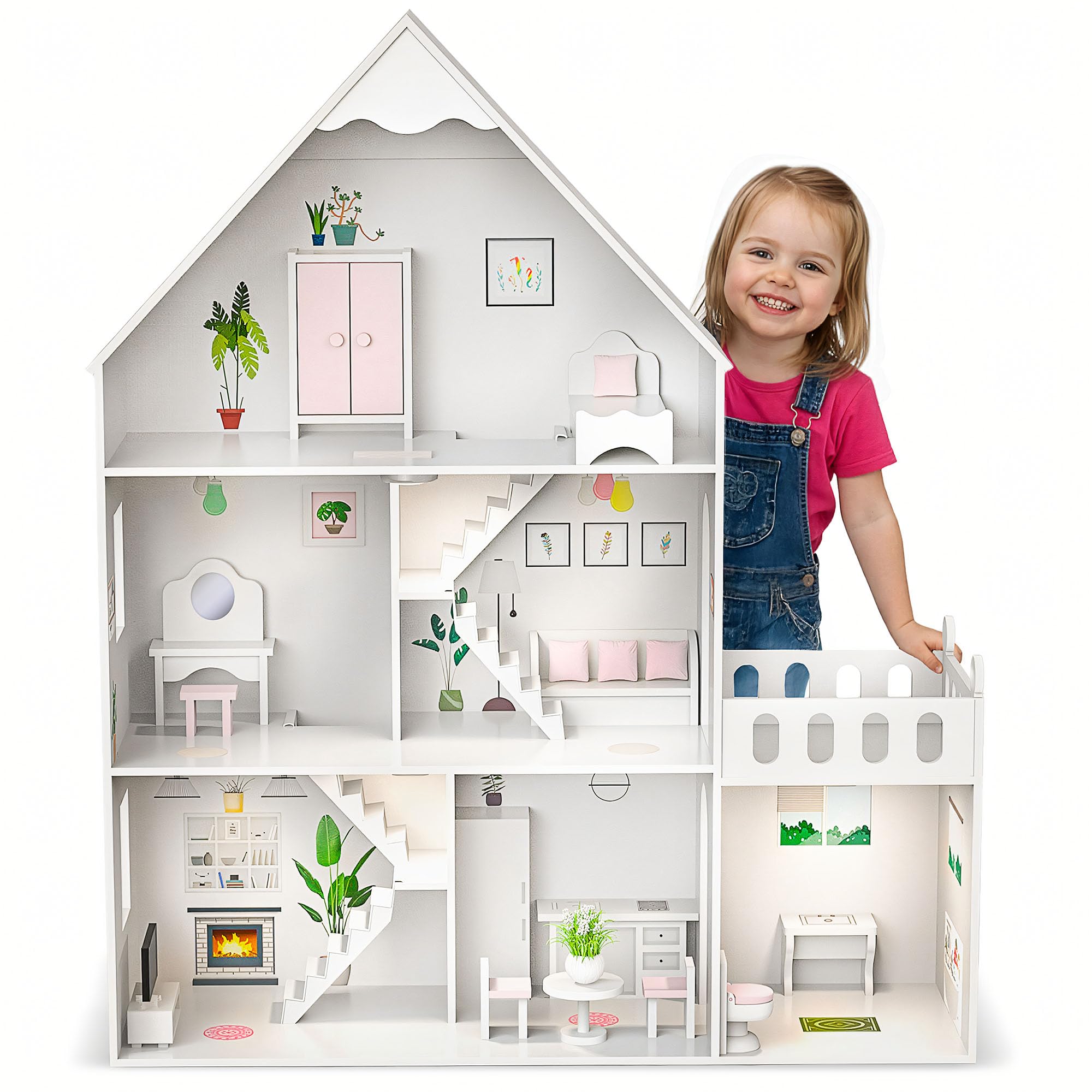 Barbie Casa de muñecas de madera grande 118 cm – Kinderplay 3 pisos casa de muñecas para niños con muebles, luz LED, pegatinas y accesorios – Casa de juegos de madera moderna regalo a partir de 3 años