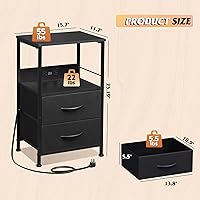 Vista 3 de WLIVE LED Night Stand with Charging Station, Black Nightstand with 2 Fabric Drawers and Storage Shelf, Dorm Bedside Table End Table with 2 USB Ports