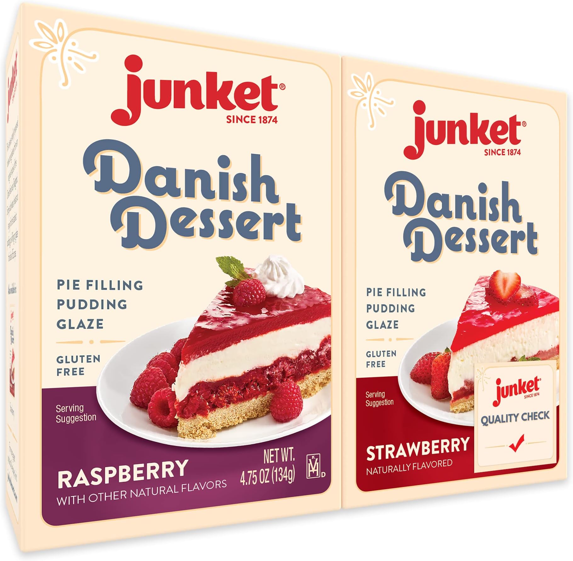 Junket Danish Dessert Raspberry and Strawberry Mix - for Pie Filling, Cheesecake Topping, Sauces, Puddings, and Glazes. Add Water, Heat 60 Seconds, Add Fresh Fruit! 4.75 Ounce (Variety Pack of 2)
